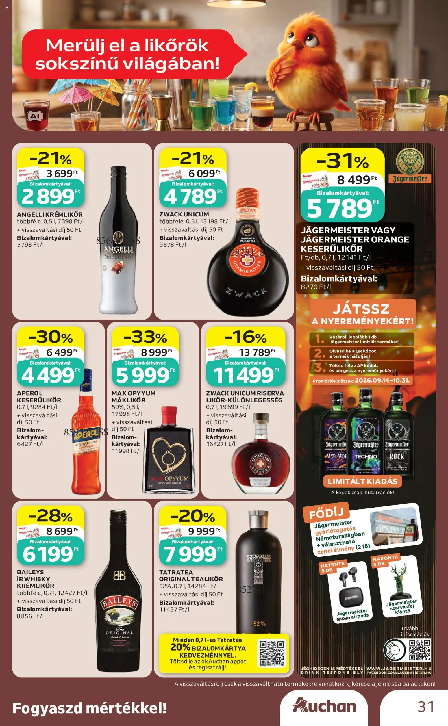 Auchan akciós ujság - amely érvényes a következő dátumtól: 2026.10.01. | Oldal: 31 | Termékek: Jägermeister, Krémlikőr, Whisky, Baileys