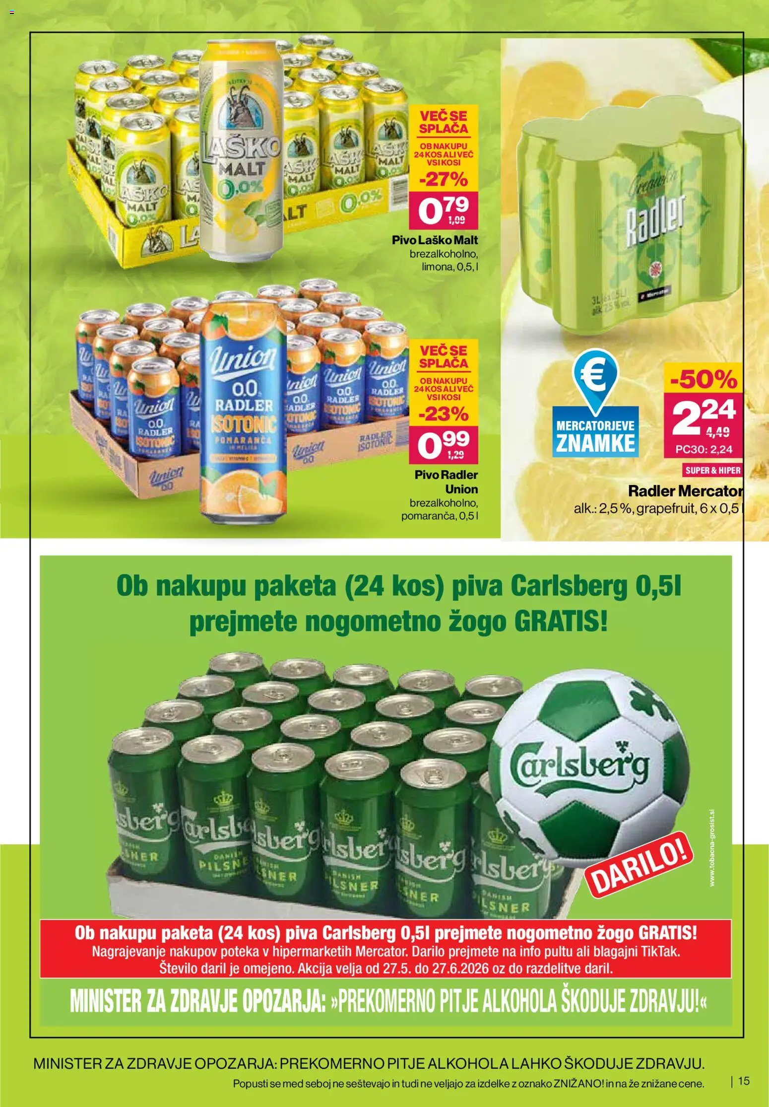 Novi Mercator katalog ponudbe – veljaven od 27.05.2026 | Stran: 15 | Izdelki: Kos, Radler, Pivo