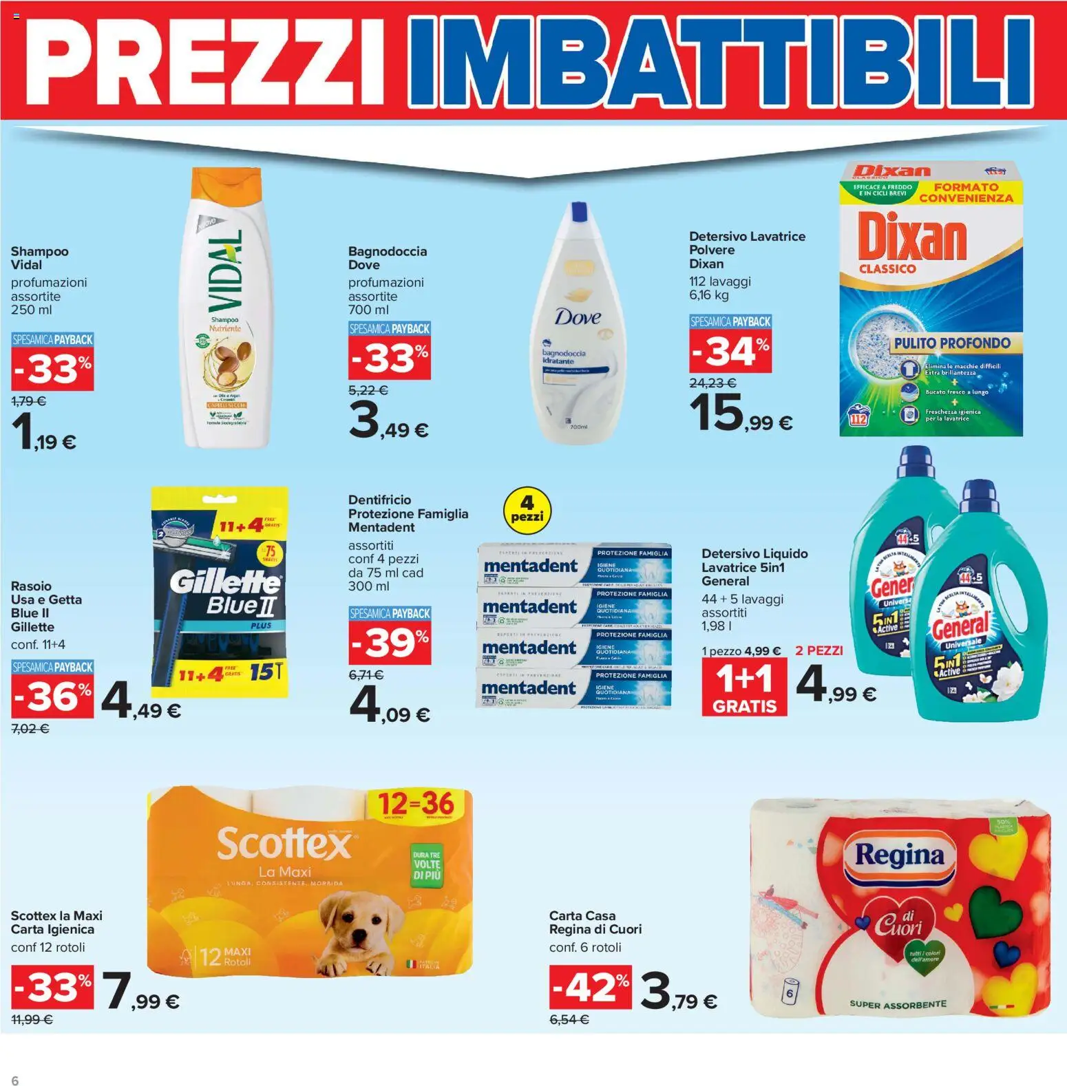 Volantino Carrefour del 16.06.2026 | Pagina: 6 | Prodotti: Rasoio, Carta igienica, Dentifricio, Lavatrice