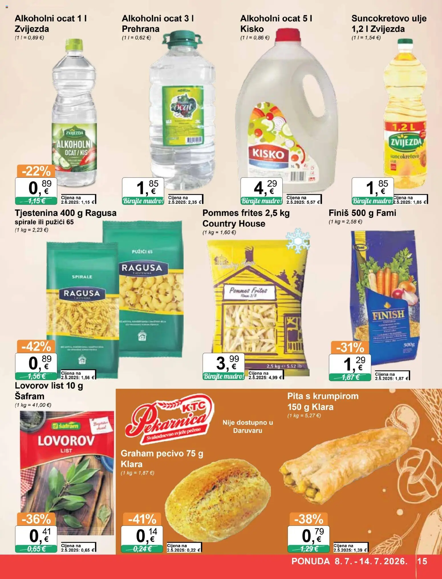 KTC katalog | vrijedi od 08.07.2026 | Stranica: 15 | Proizvodi: Suncokretovo ulje, Pommes frites, Finish, Pecivo