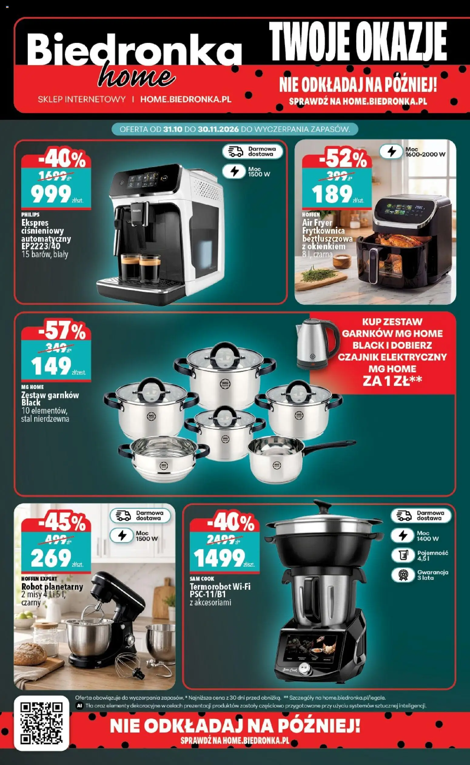 Biedronka Black Friday od 31.10.2026 | Strona: 2 | Produkty: Czajnik elektryczny, Ekspres ciśnieniowy, Czajnik, Frytkownica beztłuszczowa