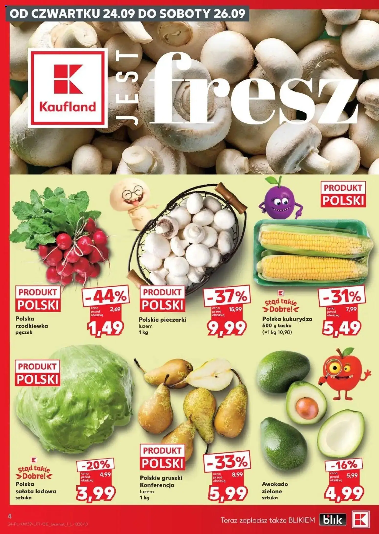 Kaufland gazetka od 24.09.2026 | Strona: 4 | Produkty: Gruszki, Pieczarki, Kukurydza, Awokado