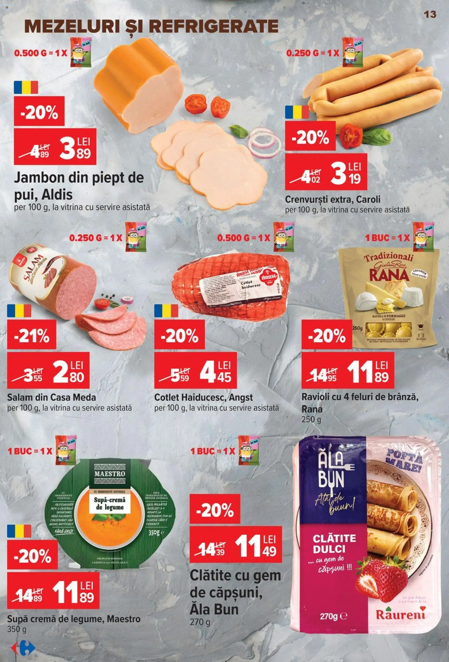 Noul catalog Carrefour – valabil de la 14.10.2026 | Pagină: 13 | Produse: Gem, Salam, Căpșuni, Legume
