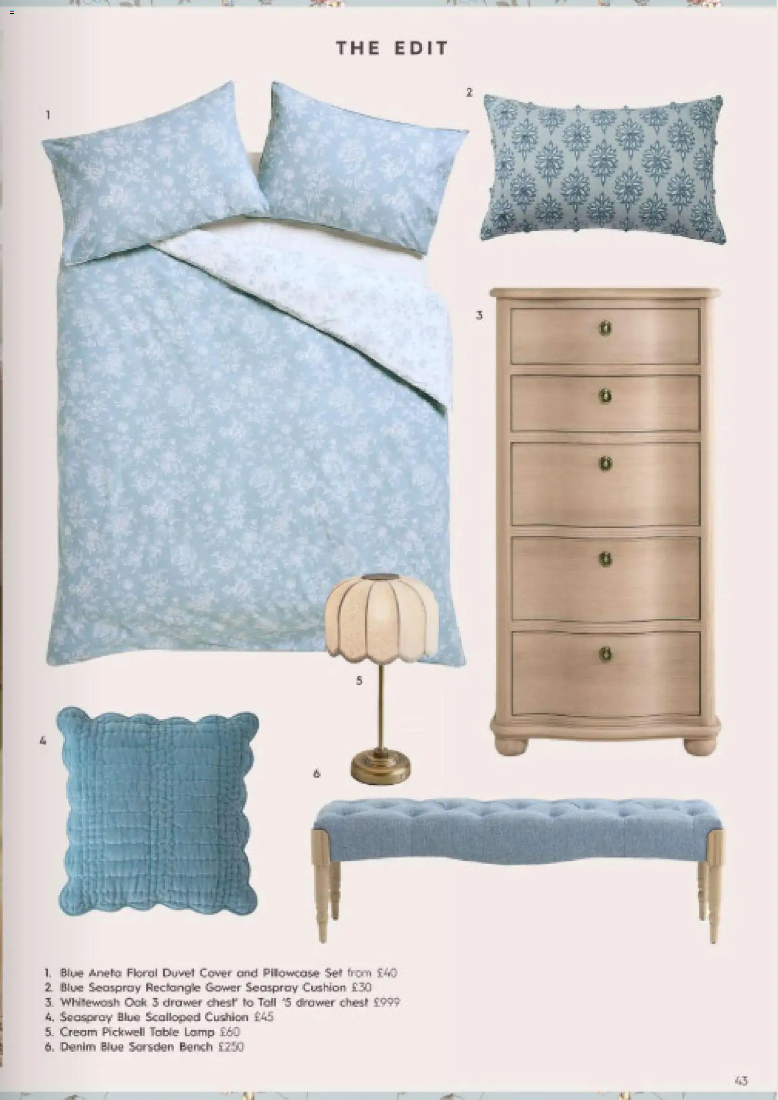 {H1} | Page: 43 | Products: Table, Table lamp, Cream, Drawer chest