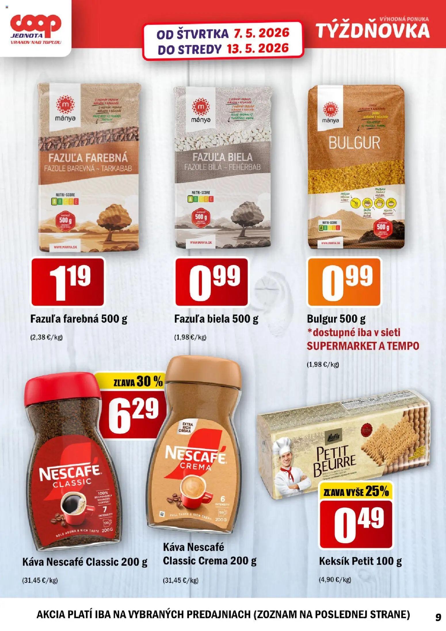 Nové COOP Jednota akcie – leták je platný od 07.05.2026 | Strana: 9 | Produkty: Káva, Fazuľa, Nescafé Classic, Nescafé Crema