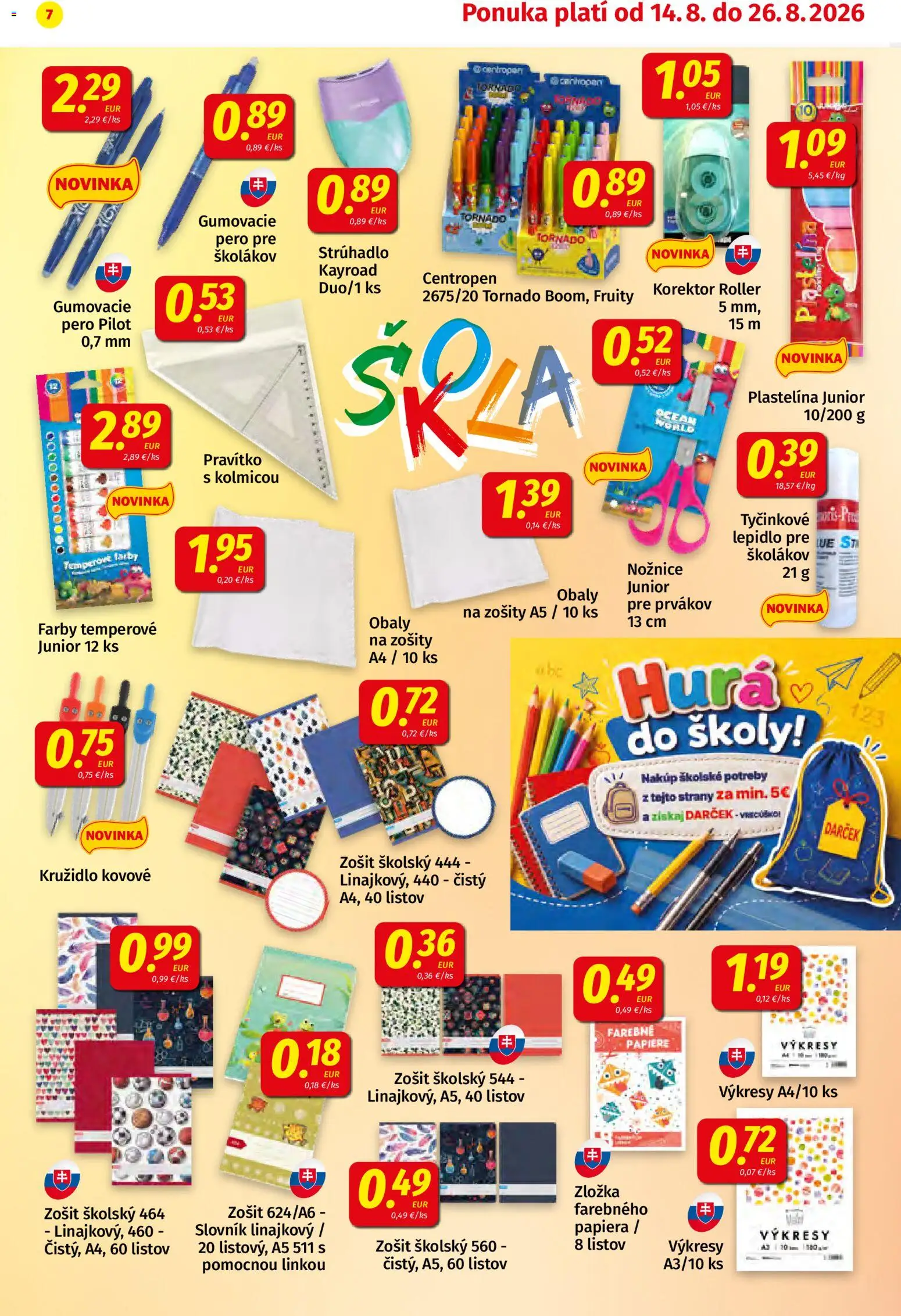 Nové Koruna akcie – leták je platný od 14.08.2026 | Strana: 7 | Produkty: Strúhadlo, Zošity, Korektor, Pero