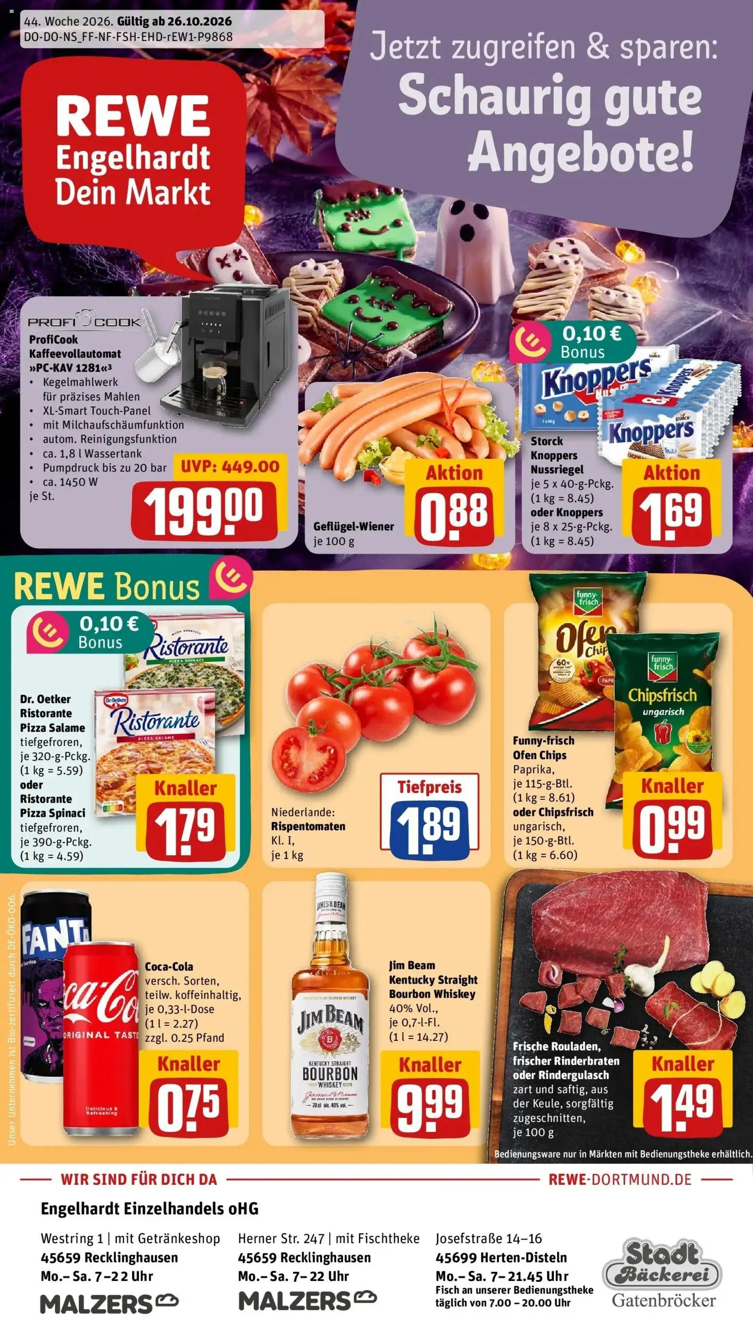 REWE Prospekt ab 26.10.2026 zum Blättern » Angebote | Seite: 3 | Produkte: Rindergulasch, Jim beam, Funny frisch, Pizza