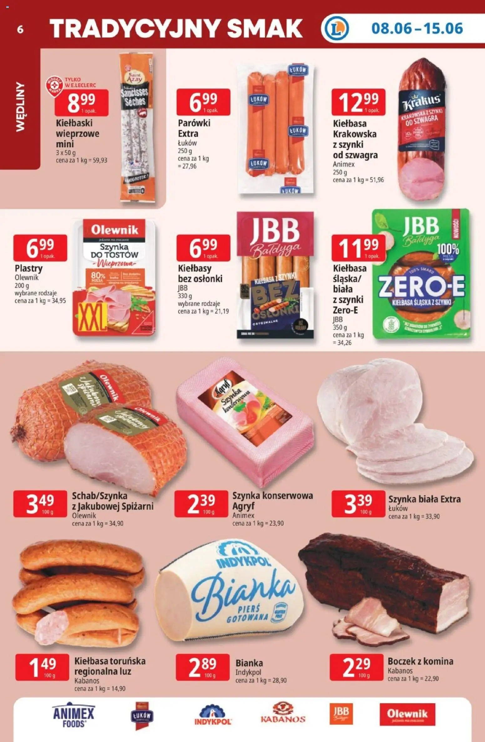 E.Leclerc gazetka od 08.06.2026 | Strona: 6 | Produkty: Kiełbasa, Parówki, Szynka, Kiełbasa śląska