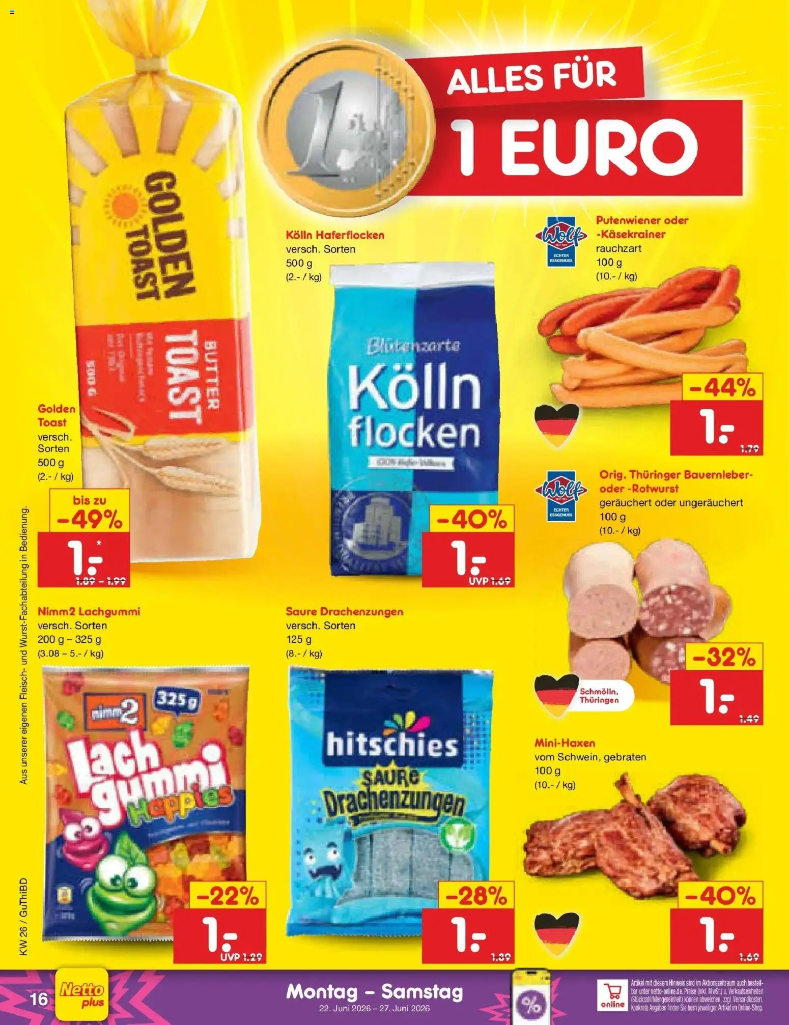 Netto Marken-Discount Prospekt Augustusburg – gültig ab 22.06.2026 | Seite: 24 | Produkte: Toast, Käsekrainer, Fleisch, Flocken