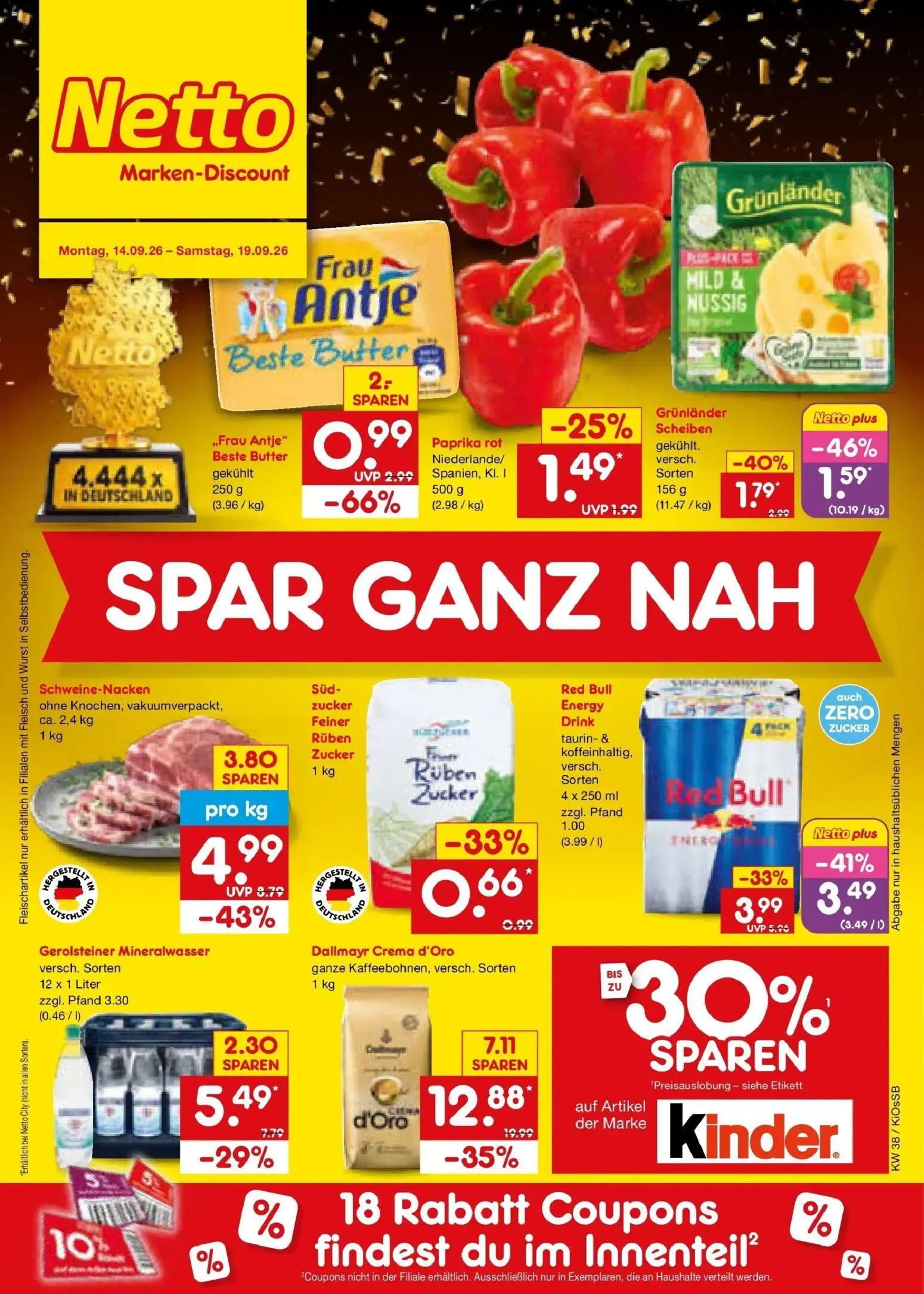 Netto Marken-Discount Prospekt Nürnberg – gültig ab 14.09.2026 | Seite: 1 | Produkte: Red bull, Paprika rot, Schweinenacken, Gerolsteiner