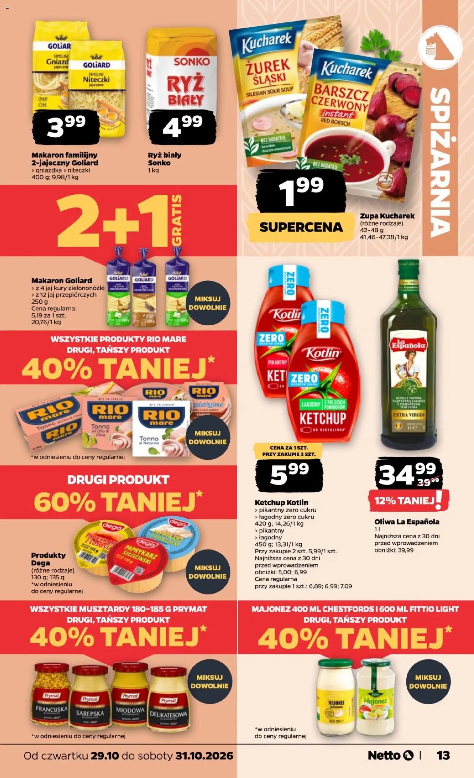 Netto gazetka od czwartku od 29.10.2026 | Strona: 13 | Produkty: Barszcz, Oliwa z oliwek, Paprykarz szczeciński, Majonez