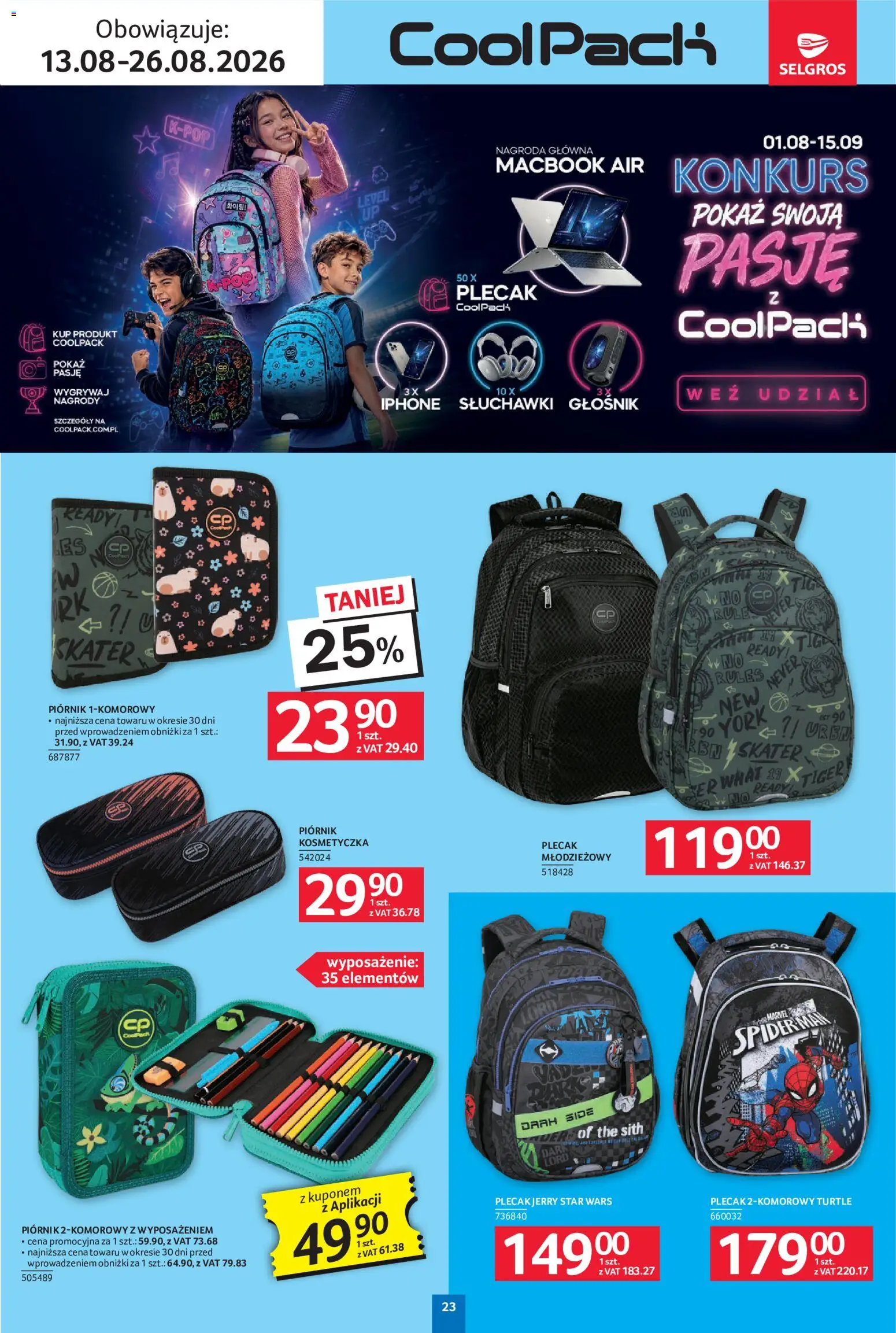 Selgros cash&carry gazetka - Szkola od 13.08.2026 | Strona: 23 | Produkty: Plecak, Głośnik, Kosmetyczka, Piórnik