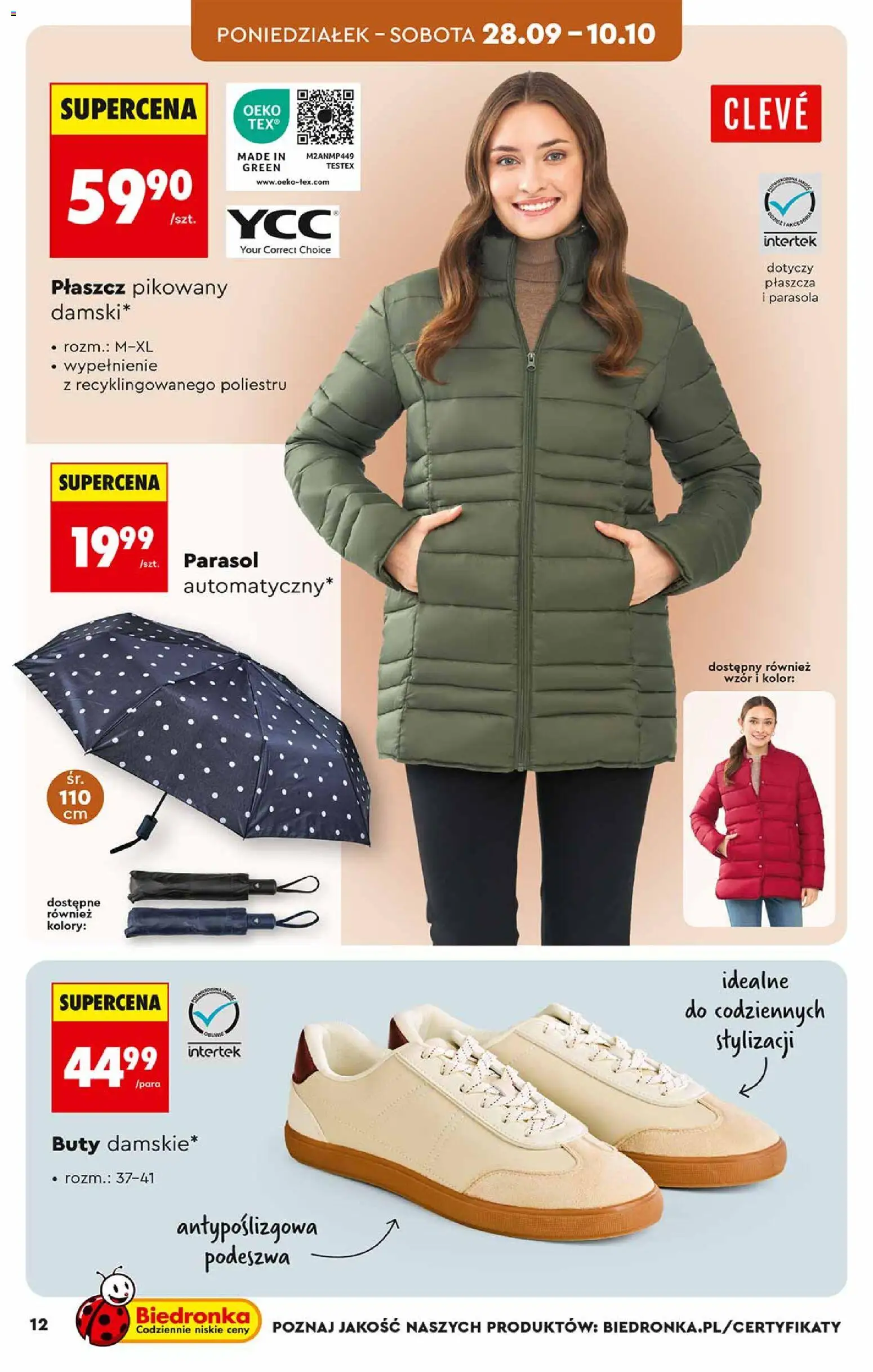 Biedronka gazetka - Hity i inspiracje od 26.09.2026 | Strona: 12 | Produkty: Płaszcz, Buty, Parasol