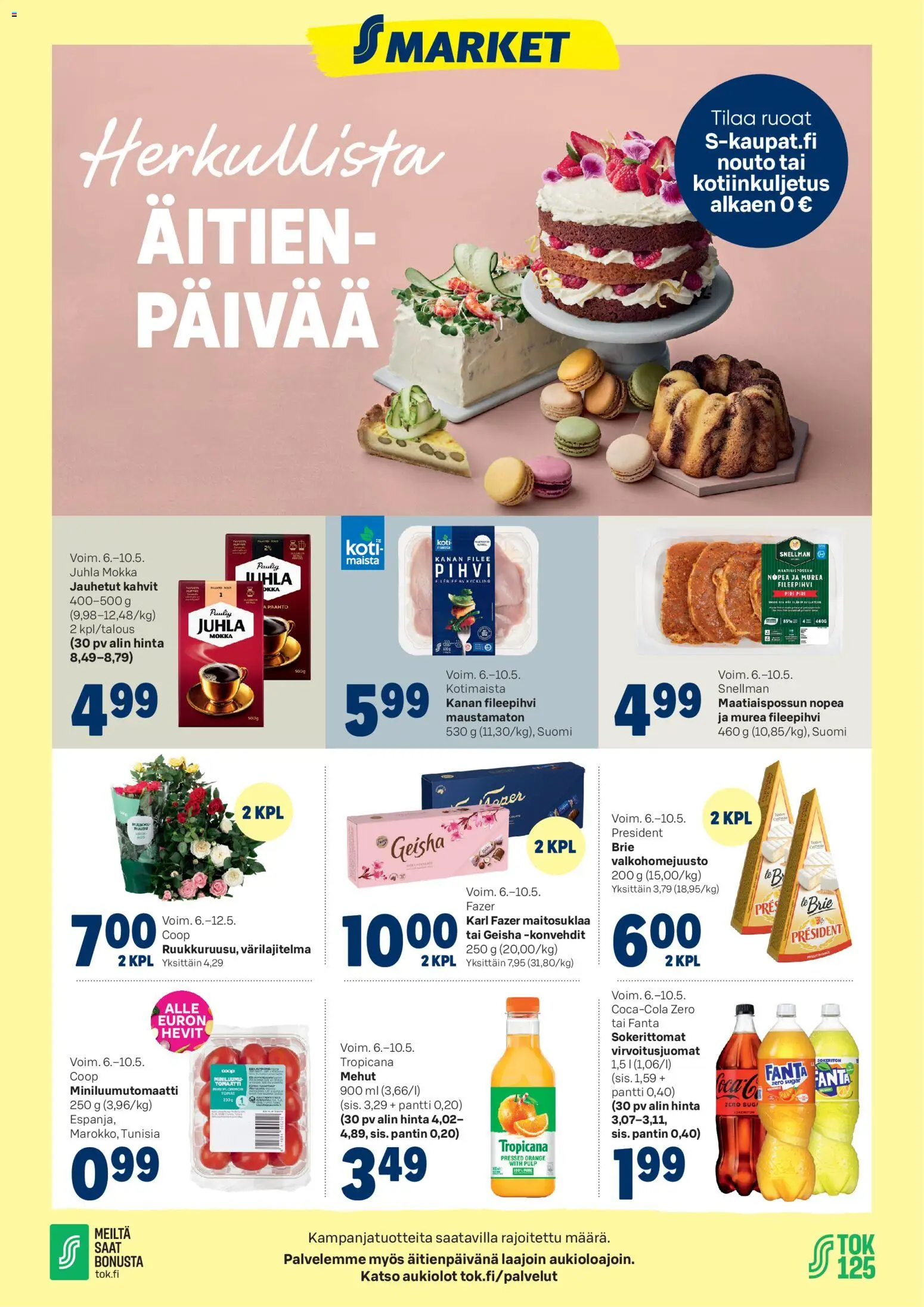 S-market - Herkullista äitienpäivää – voimassa 06.05.2026 alkaen | Sivu: 1 | Tuotteet: Juhla Mokka, Virvoitusjuomat, Fanta, Pihvi