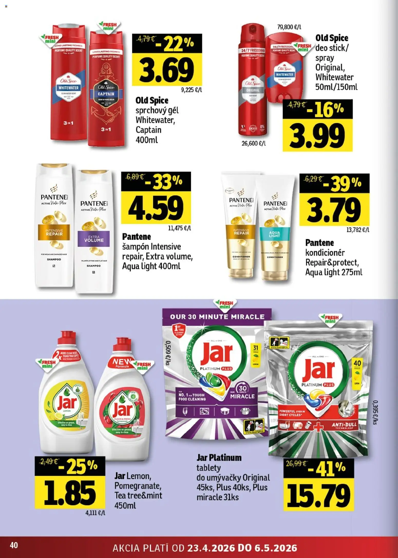 Nové Fresh akcie – leták je platný od 23.04.2026 | Strana: 40 | Produkty: Old Spice, Šampón, Sprchový gél, Jar