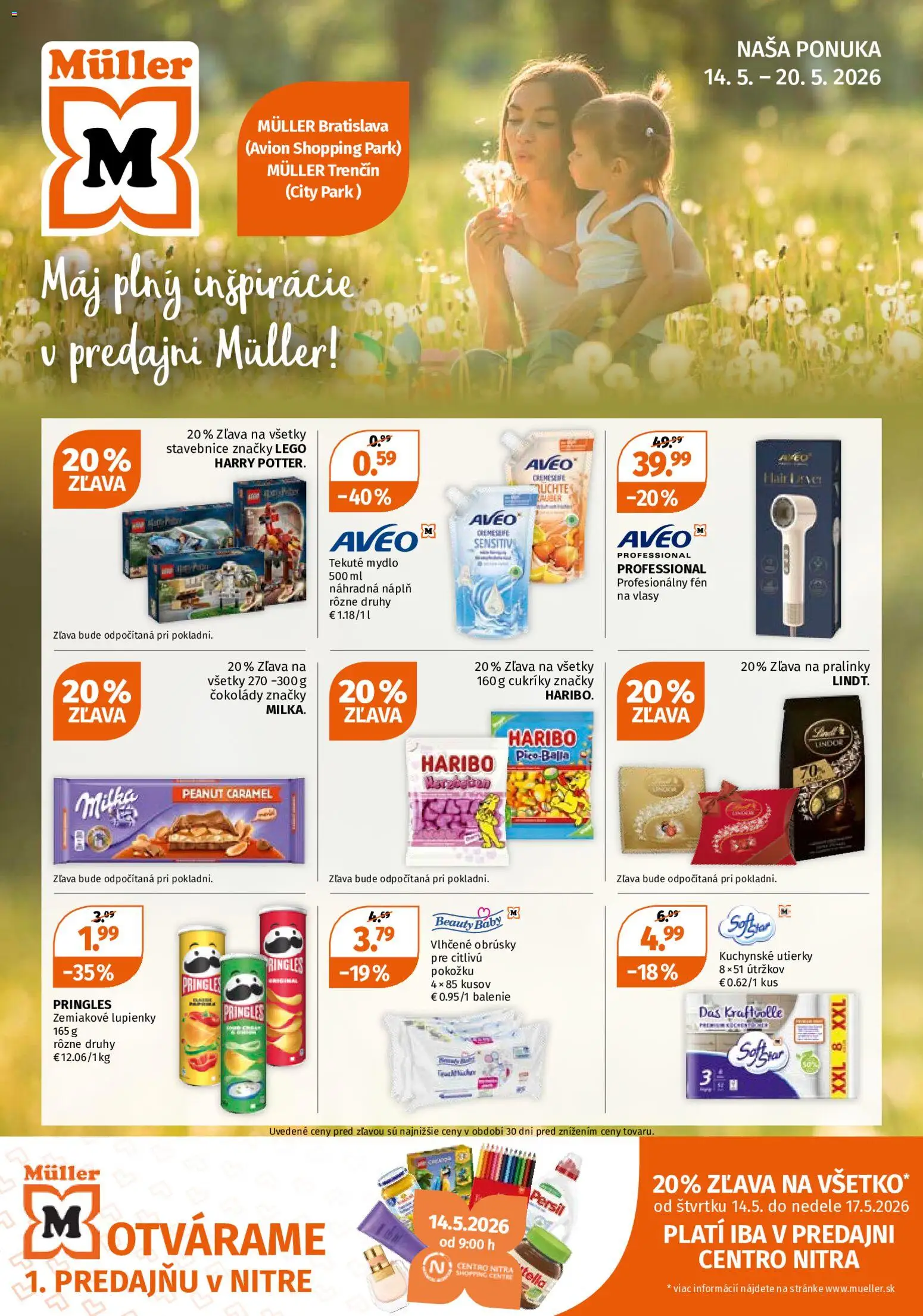 Nové Müller akcie – leták je platný od 14.05.2026 | Strana: 1 | Produkty: Fén, Persil, Pringles, Mydlo