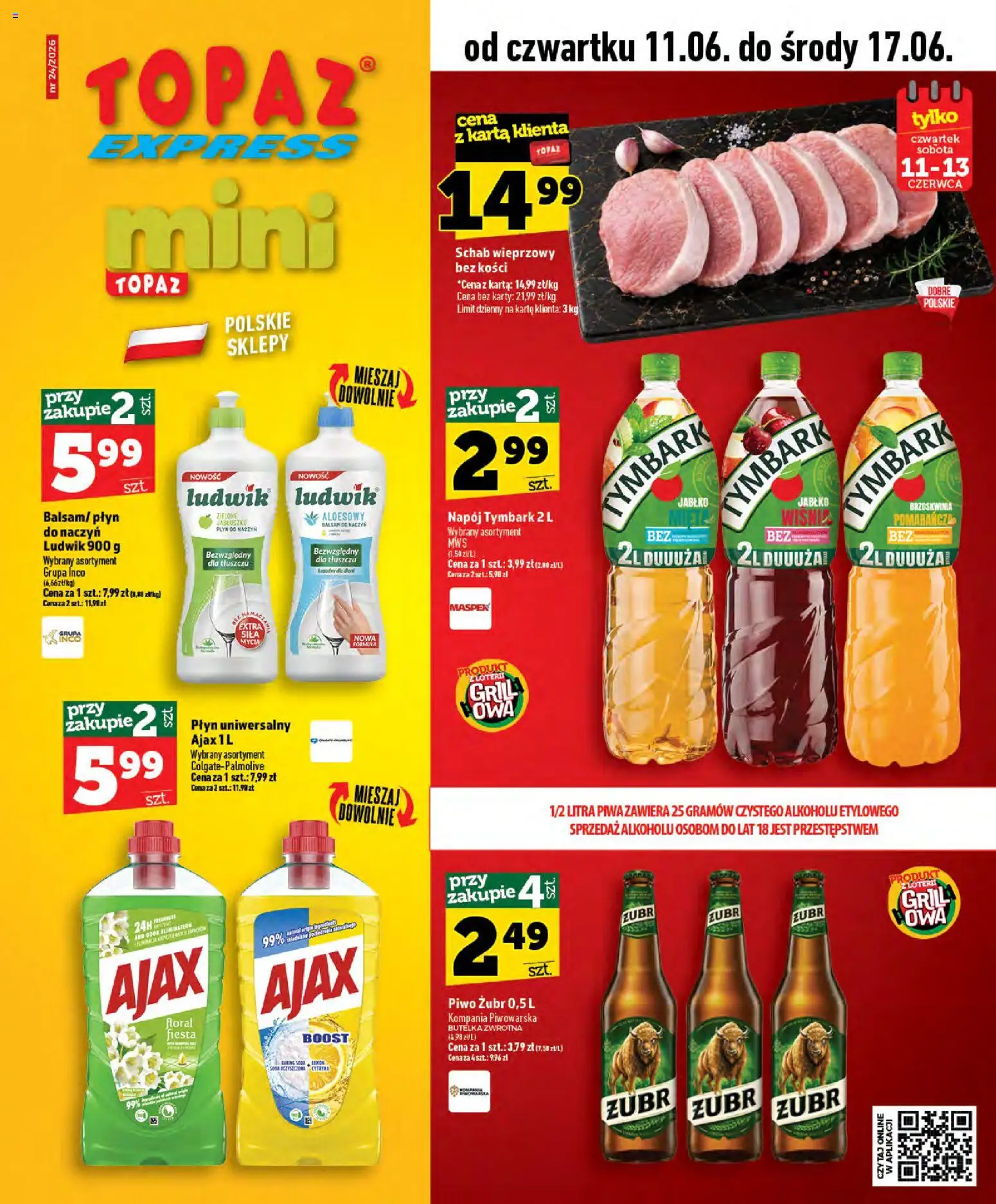 Topaz gazetka - Express od 11.06.2026 | Strona: 1 | Produkty: Piwo żubr, Karta, Schab, Piwo
