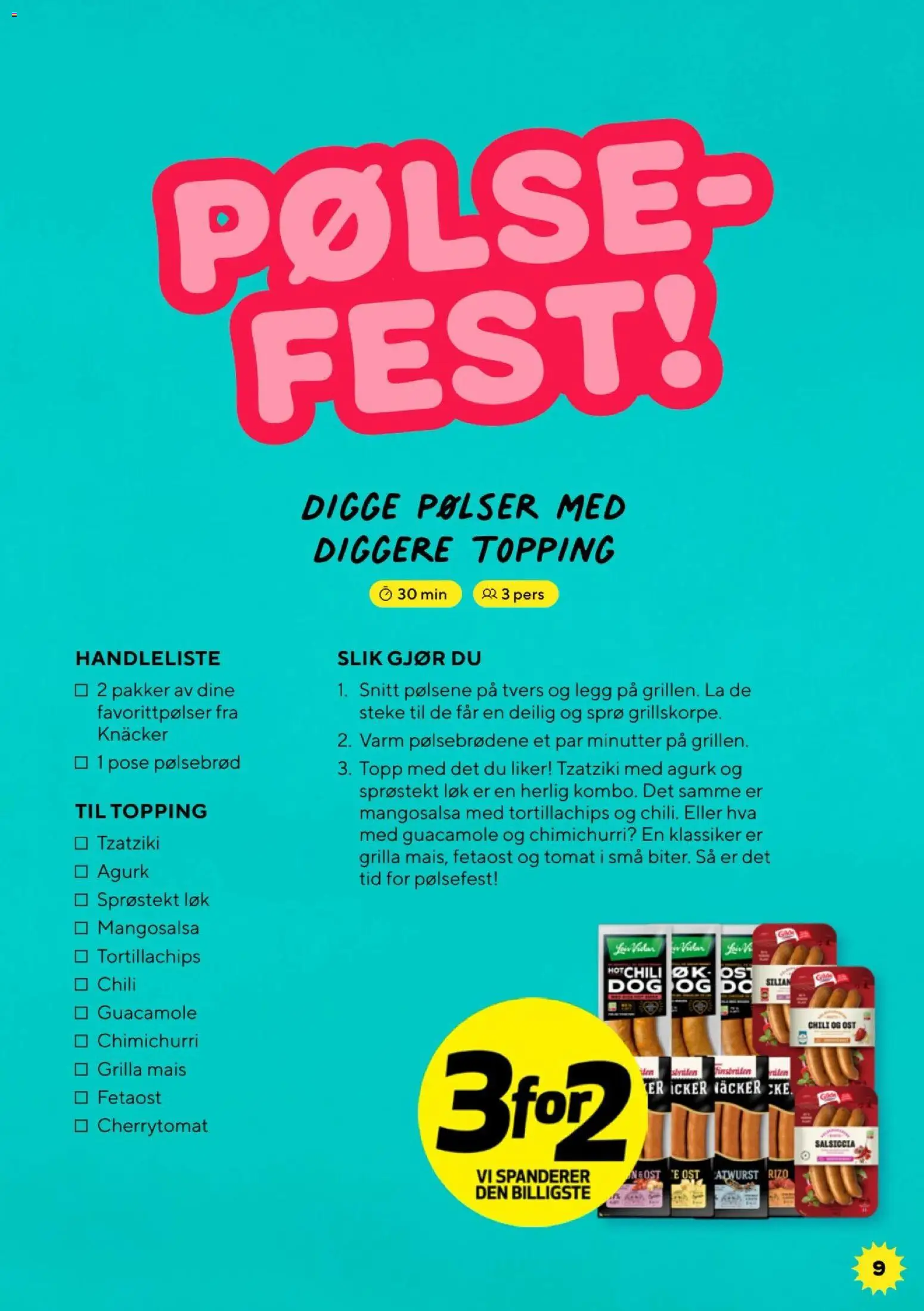 {H1} | Side: 9 | Produkter: Desk, Pølser, Pølsebrød, Sprøstekt løk