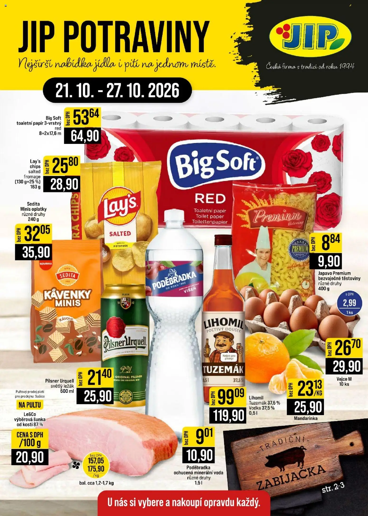 Jip leták - Cash & Carry od 21.10.2026 | Strana: 1 | Produkty: Voda, Vodka, Toaletní papír, Lay's