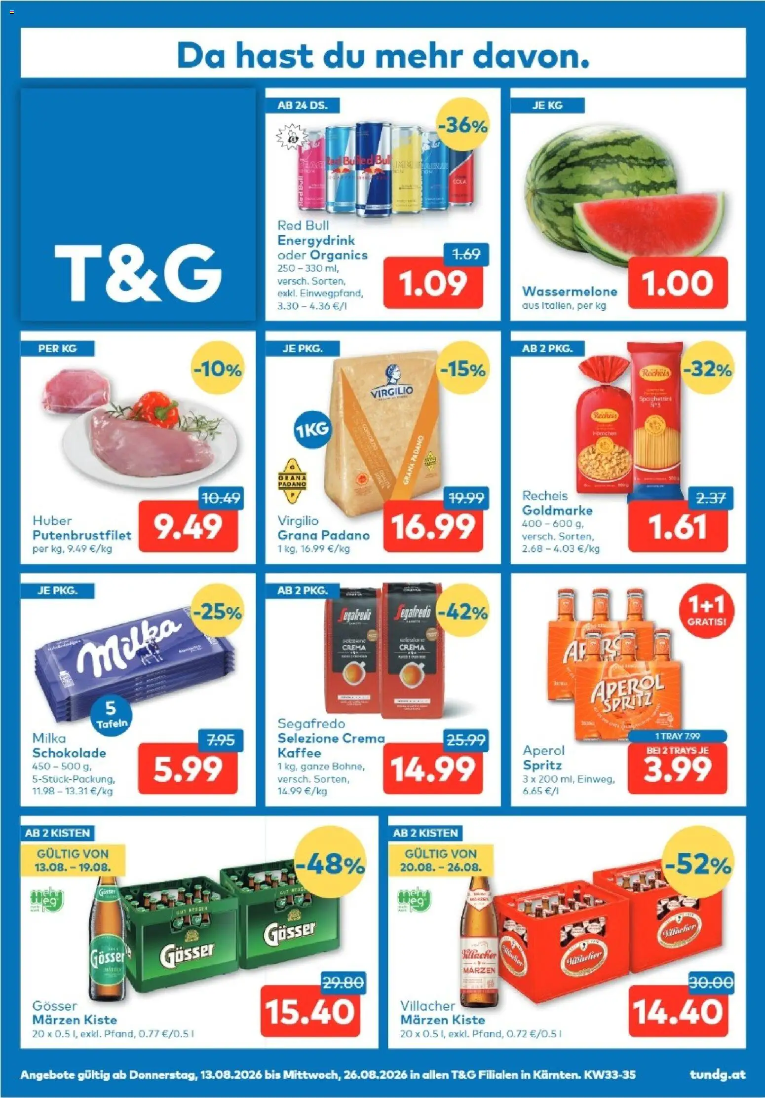 T&G Kärnten gültig ab 13.08.2026 | Seite: 1 | Produkte: Wassermelone, Kaffee, Schokolade