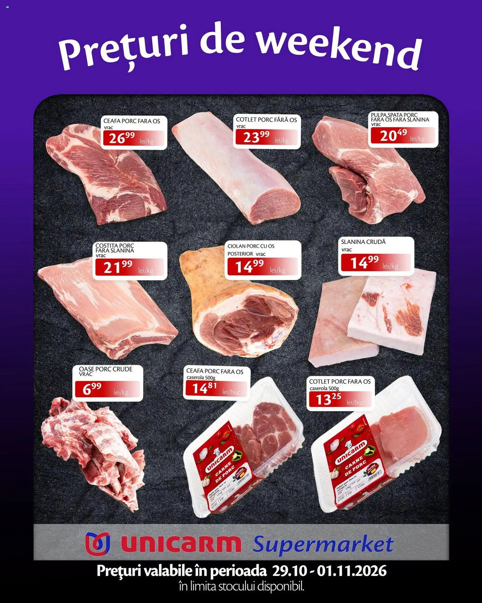 Noul catalog Unicarm – valabil de la 29.10.2026 | Pagină: 1 | Produse: Slanina, Cotlet, Cotlet porc, Carne De Porc