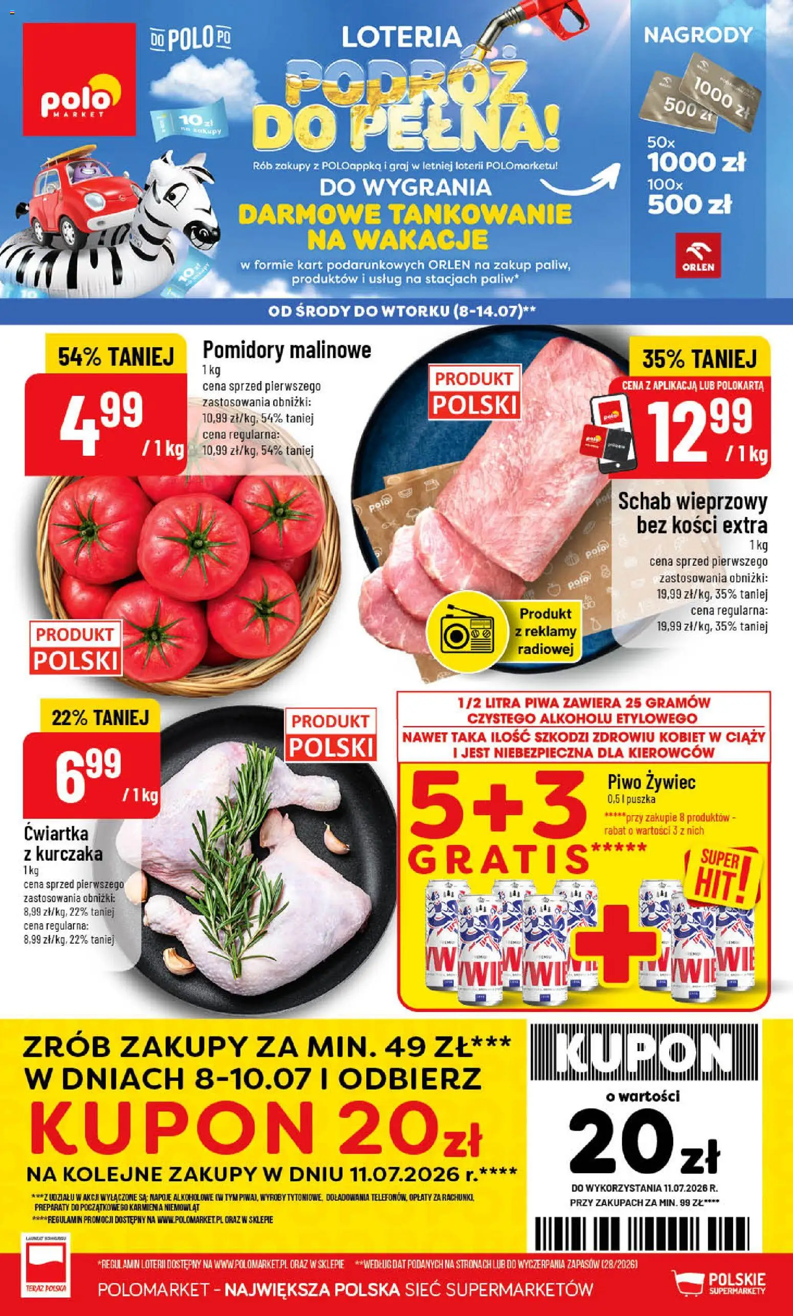 POLOmarket gazetka od 08.07.2026 | Strona: 1 | Produkty: Schab wieprzowy, Napoje, Piwo, Pomidory