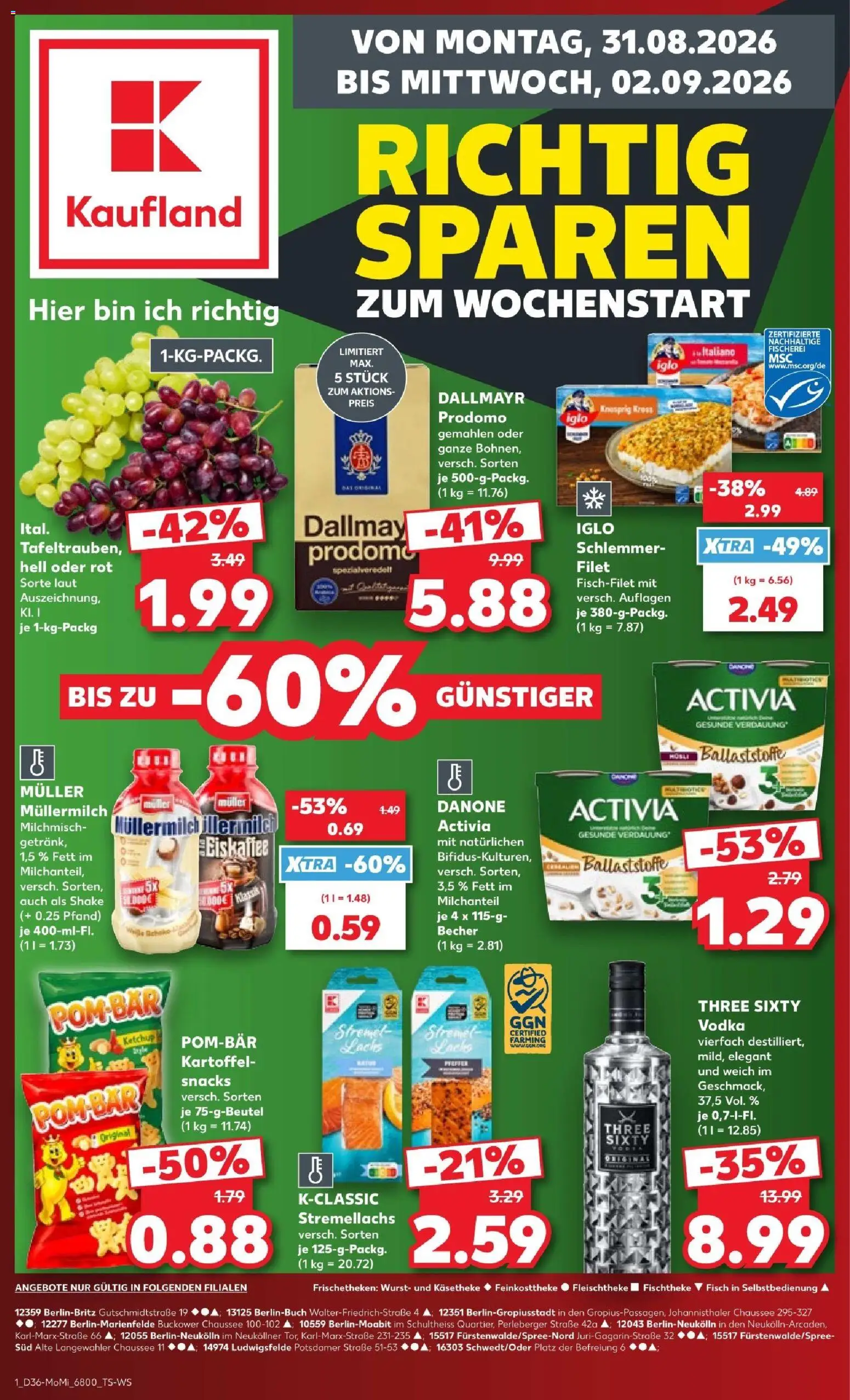 Kaufland Prospekt – gültig ab 31.08.2026 | Seite: 1 | Produkte: Danone activia, Iglo, Fisch, Müllermilch