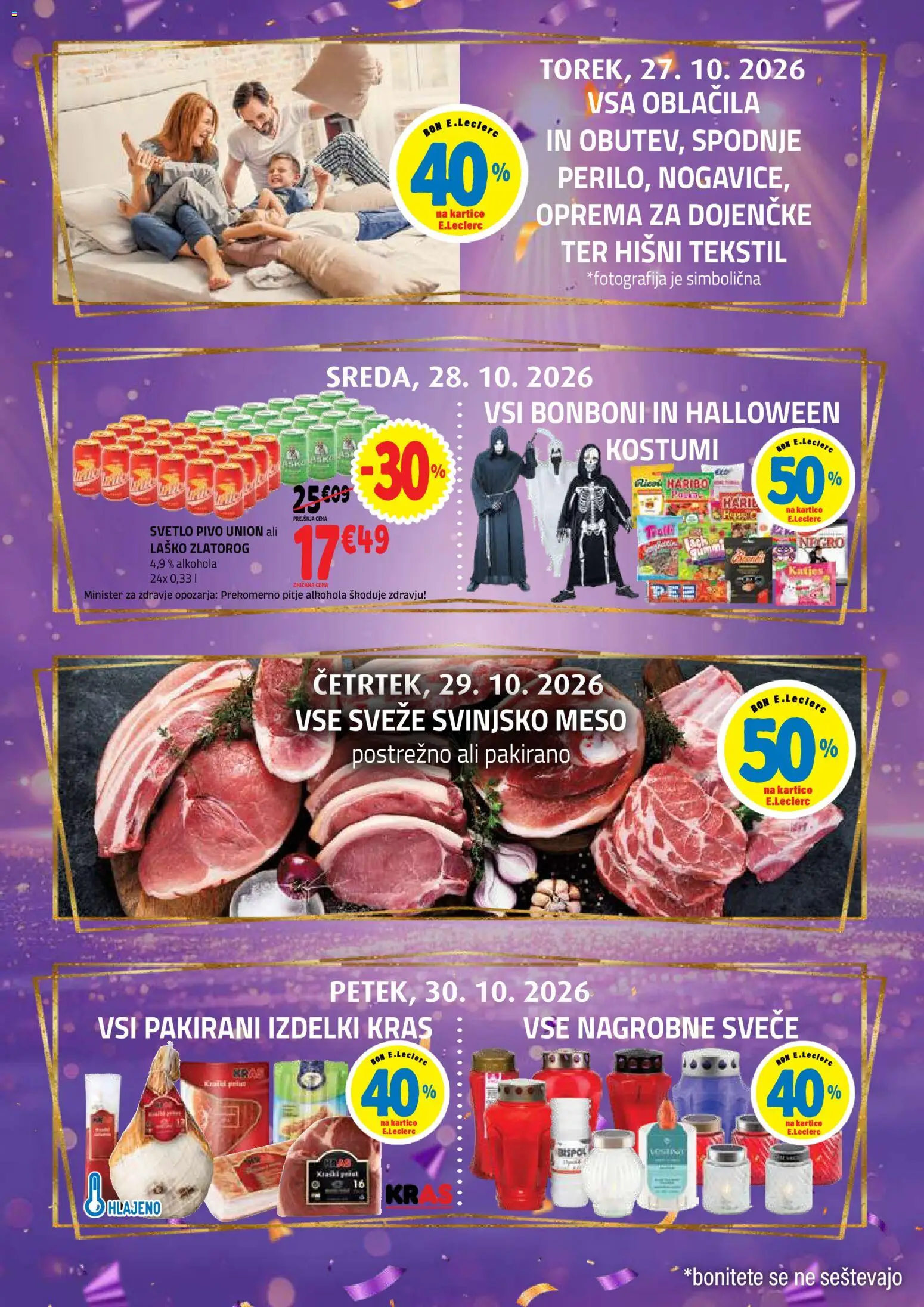 Novi E.leclerc katalog ponudbe – veljaven od 21.10.2026 | Stran: 3 | Izdelki: Nagrobne sveče, Pivo, Svinjsko meso, Svece