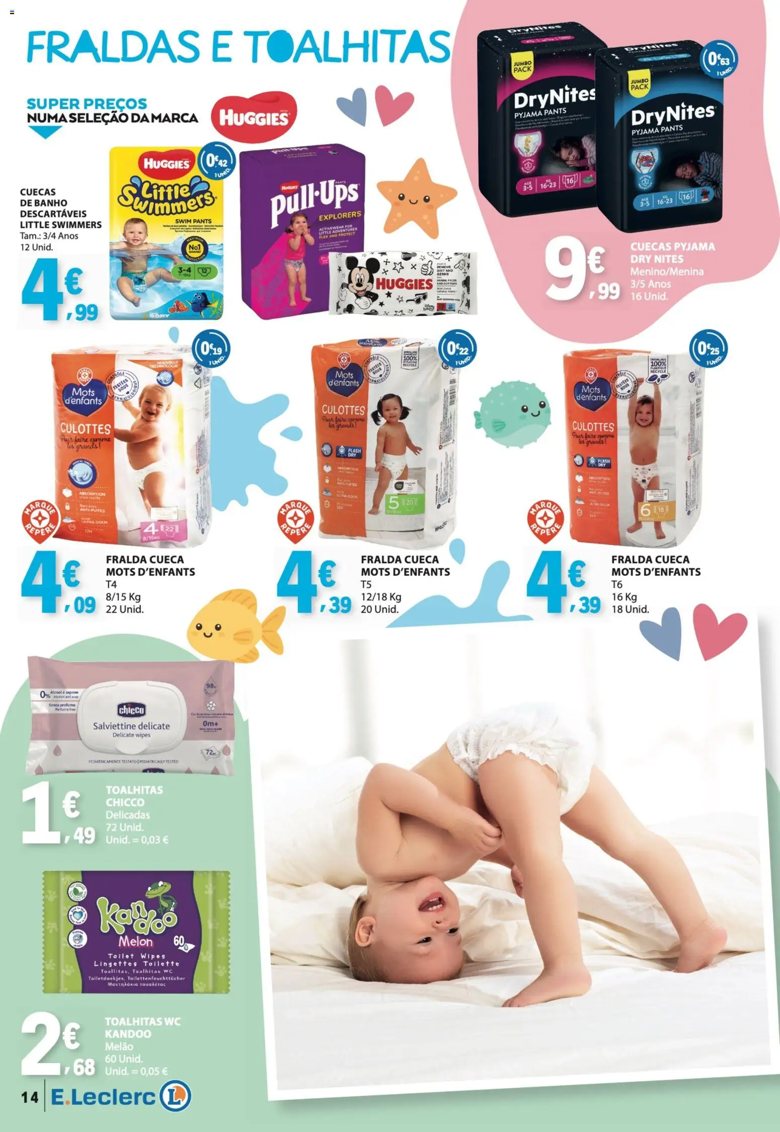 E.Leclerc Folheto Bebé Verão │ válido de 26.05.2026 | Página: 14 | Produtos: Fraldas, Perfume, Banho, Cuecas