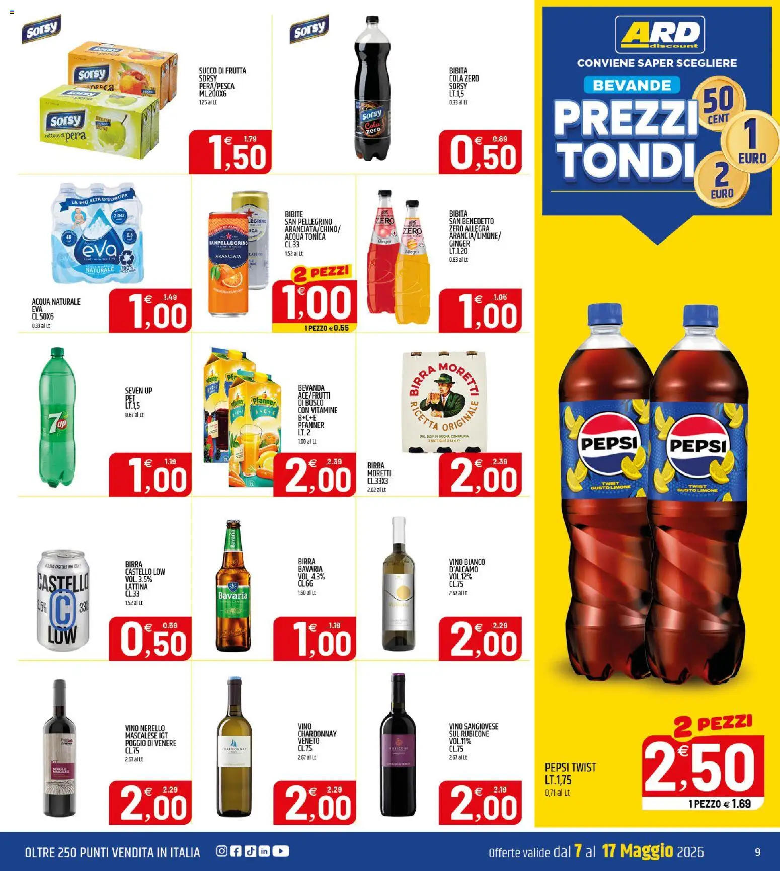 Volantino ARD Discount del 07.05.2026 | Pagina: 9 | Prodotti: Acqua, Frutta, Vino, Bibita