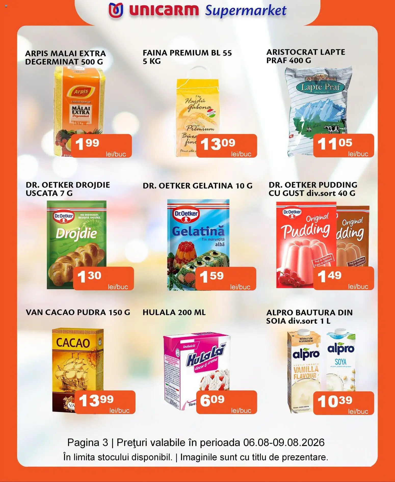 Noul catalog Unicarm – valabil de la 06.08.2026 | Pagină: 3 | Produse: Lapte praf, Lapte, Mălai, Cacao