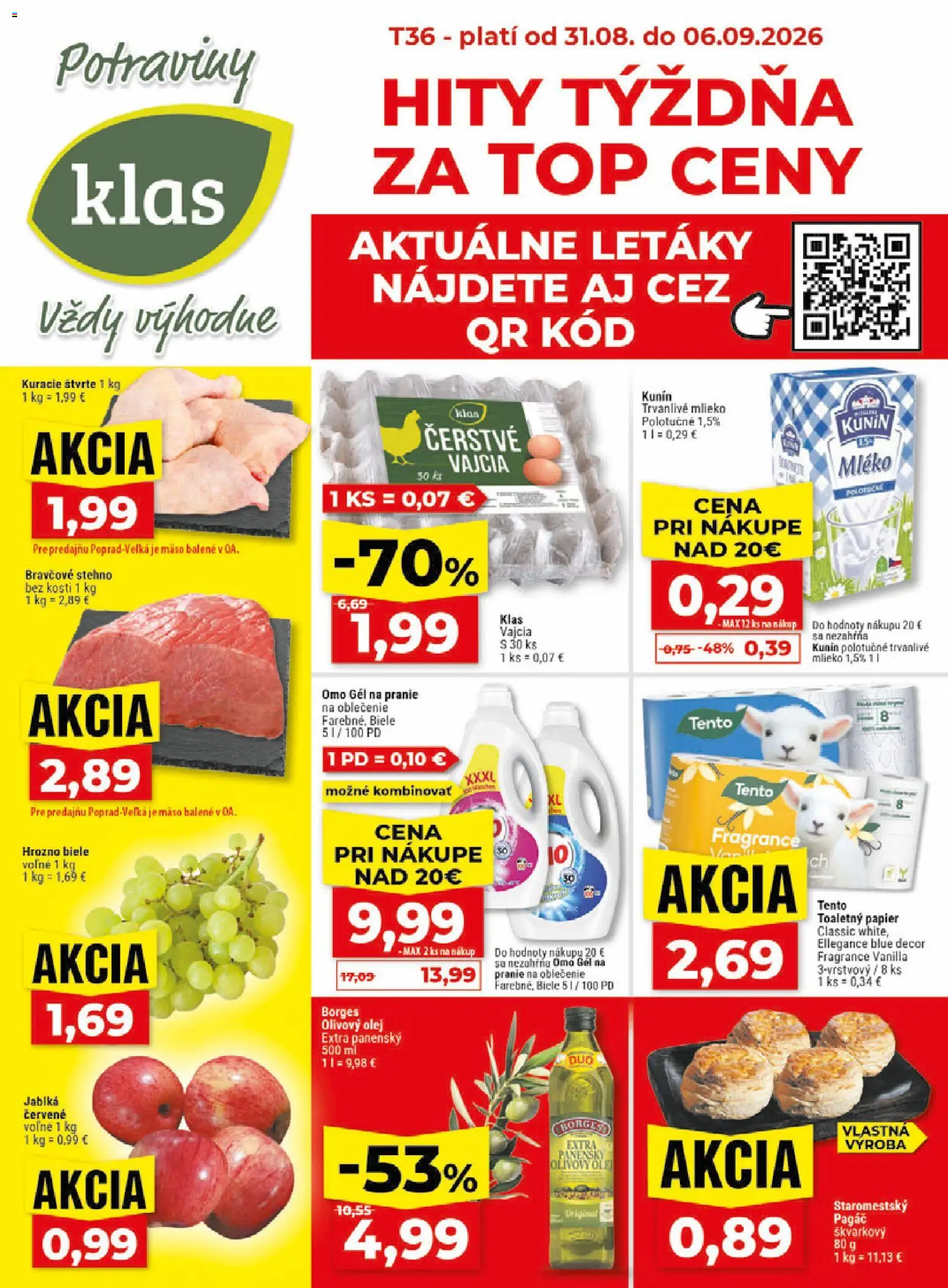 Nové Klas akcie – leták je platný od 31.08.2026 | Strana: 1 | Produkty: Vajcia, Olivový olej, Kuracie štvrte, Trvanlivé mlieko