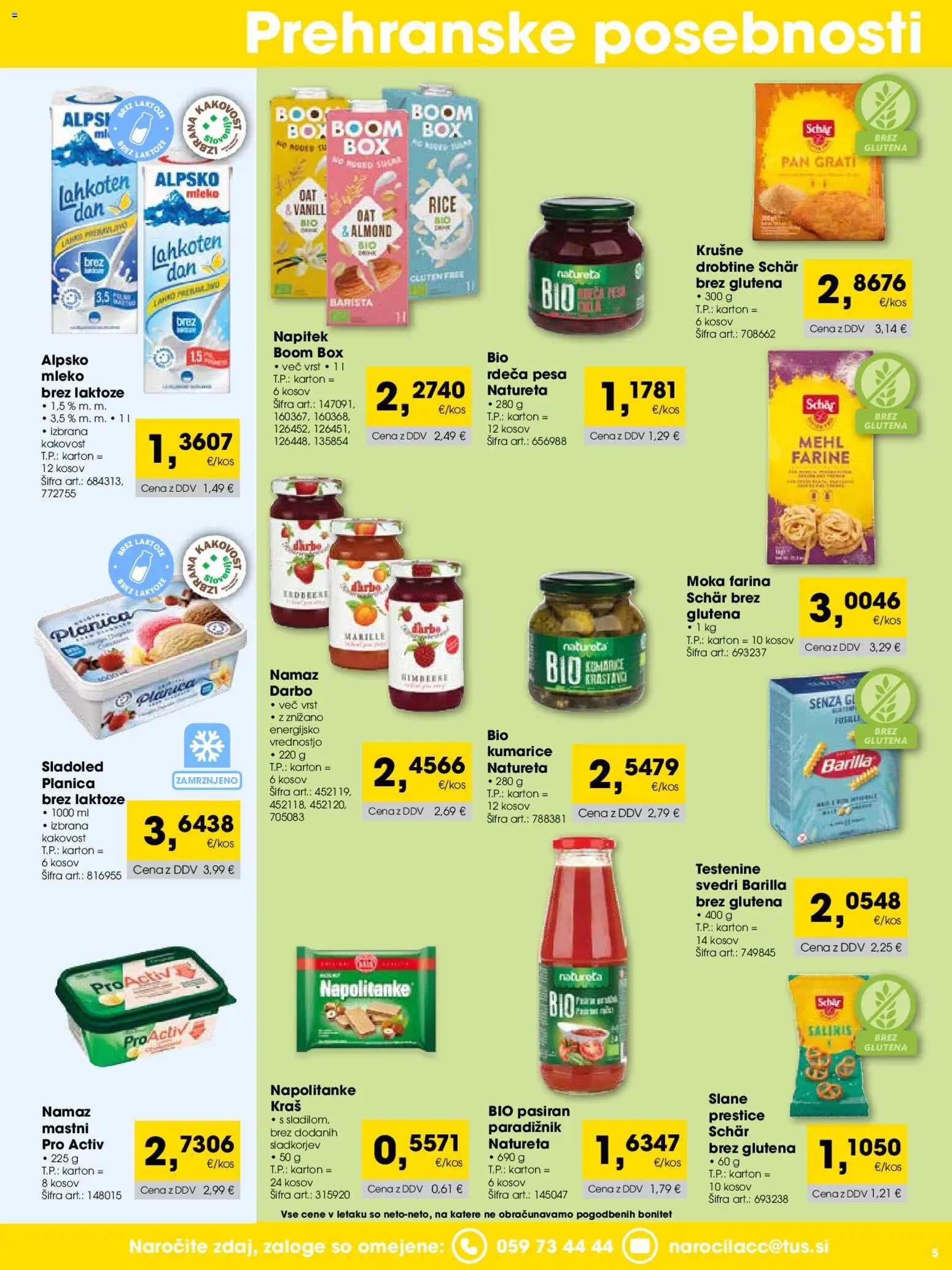 Novi Tuš katalog ponudbe – veljaven od 01.05.2026 | Stran: 5 | Izdelki: Mleko, Testenine, Kumarice, Sladoled