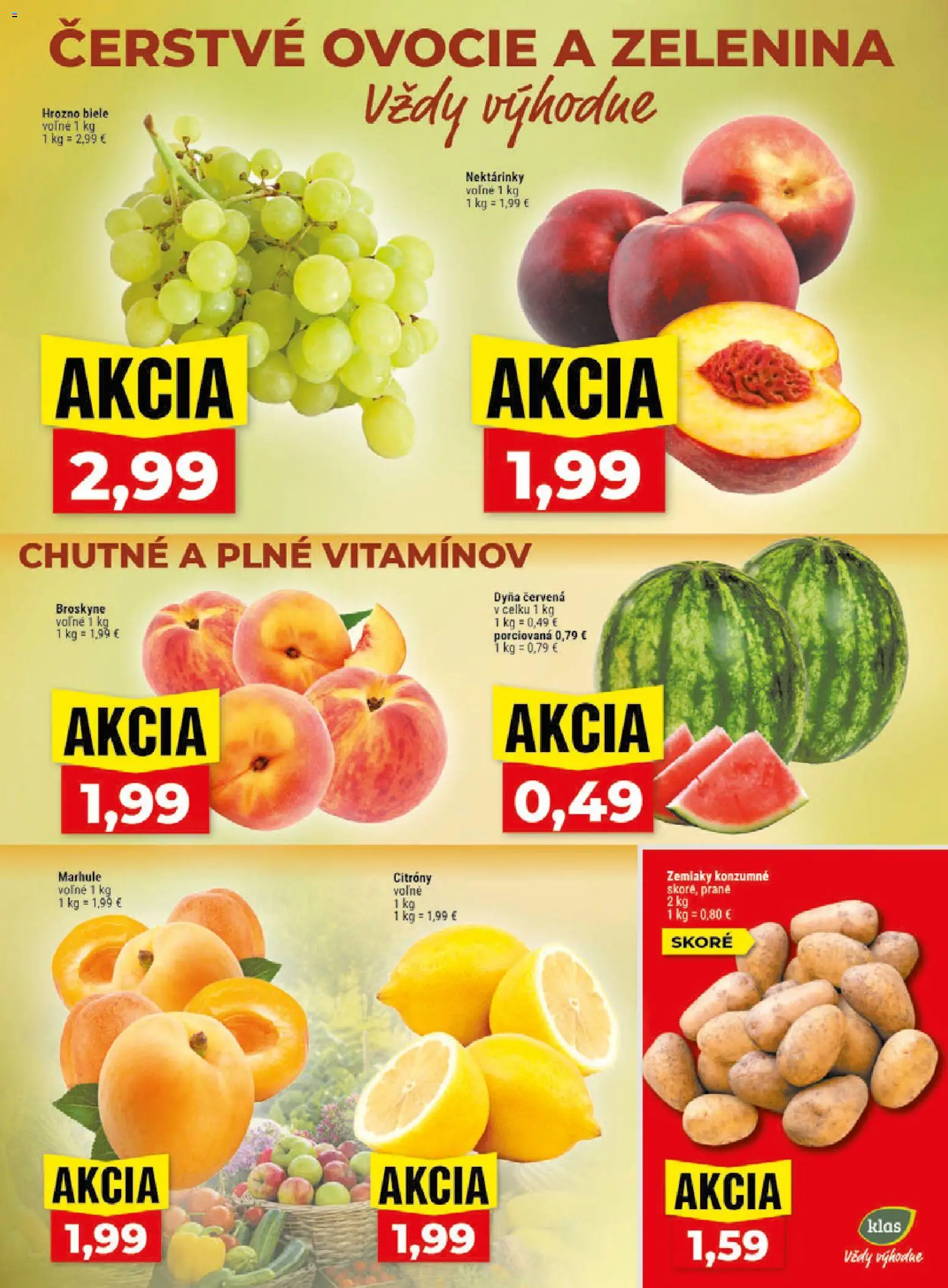 Nové Klas akcie – leták je platný od 27.07.2026 | Strana: 3 | Produkty: Citróny, Marhule, Broskyne, Hrozno