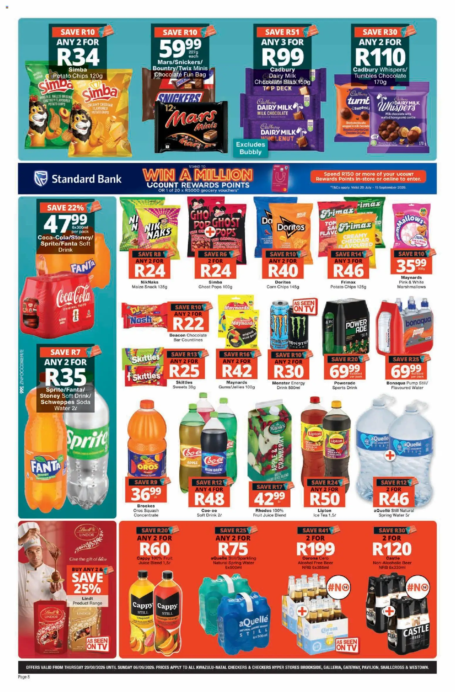 New Checkers catalogue – valid from 20/08/2026 | Page: 8 | Products: Corn, Chocolate, Chips, Cheddar