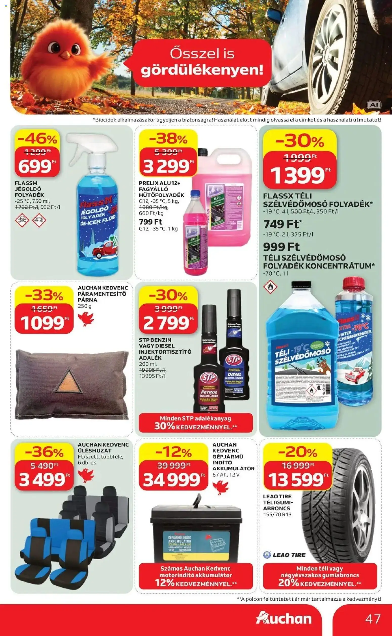 Auchan akciós újság Szolnok - 2026.09.17. -tól/töl > akció, lapozható szórólap 🛍️ | Oldal: 47 | Termékek: Páramentesítő, Jégoldó, Téli szélvédőmosó folyadék, Párna