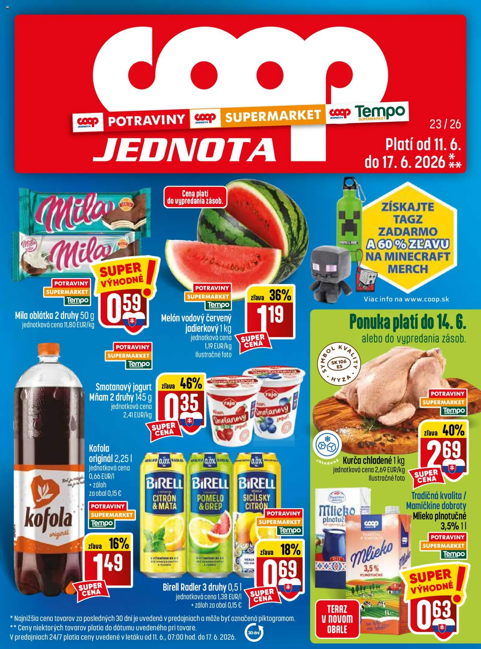 Nové COOP Jednota akcie – leták je platný od 11.06.2026 | Strana: 1 | Produkty: Birell, Kurča, Pomelo, Grep