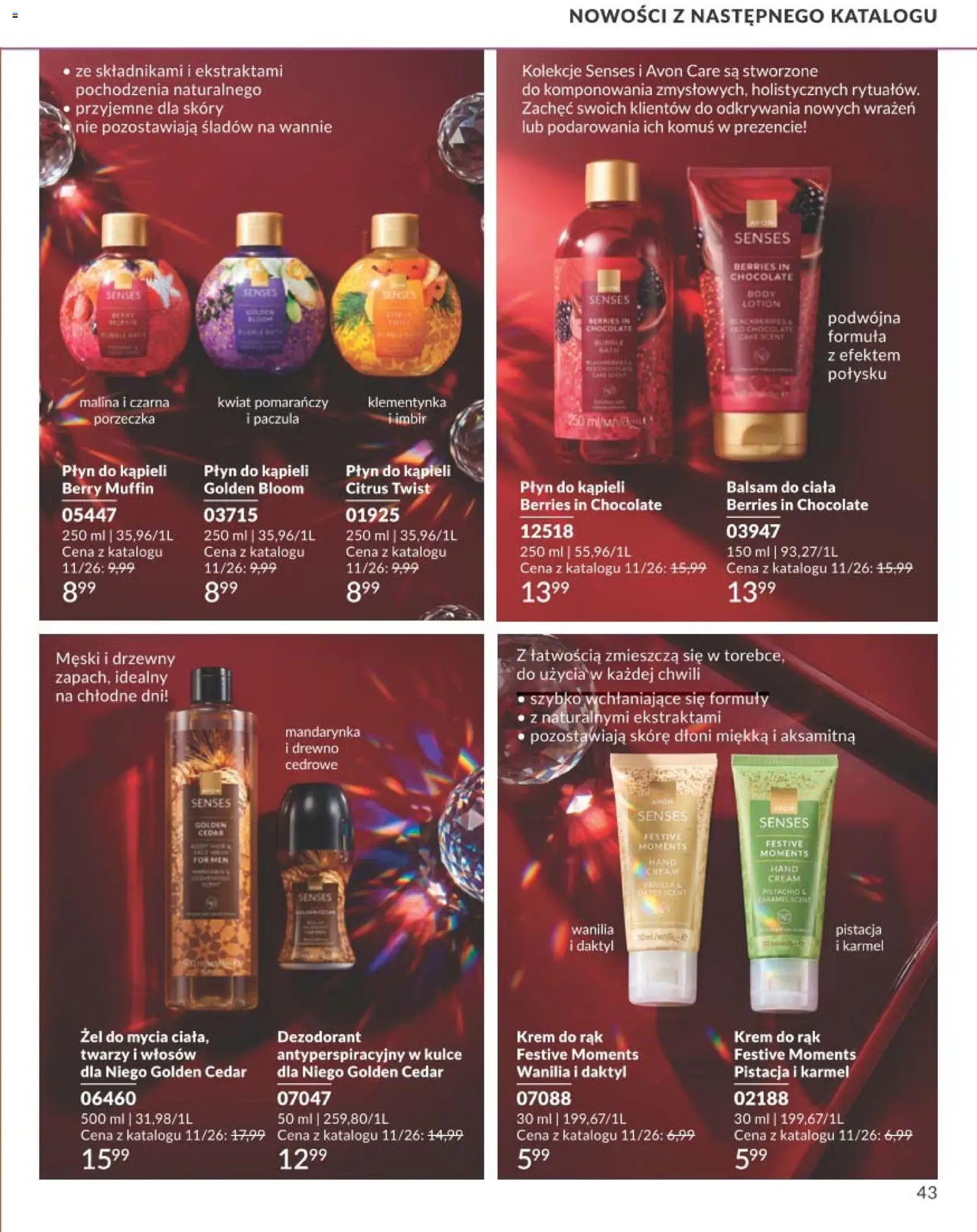 Avon Katalog Focus 10 2026 od 30.09.2026 | Strona: 43 | Produkty: Daktyl, Malina, Płyn do kąpieli, Krem do rąk