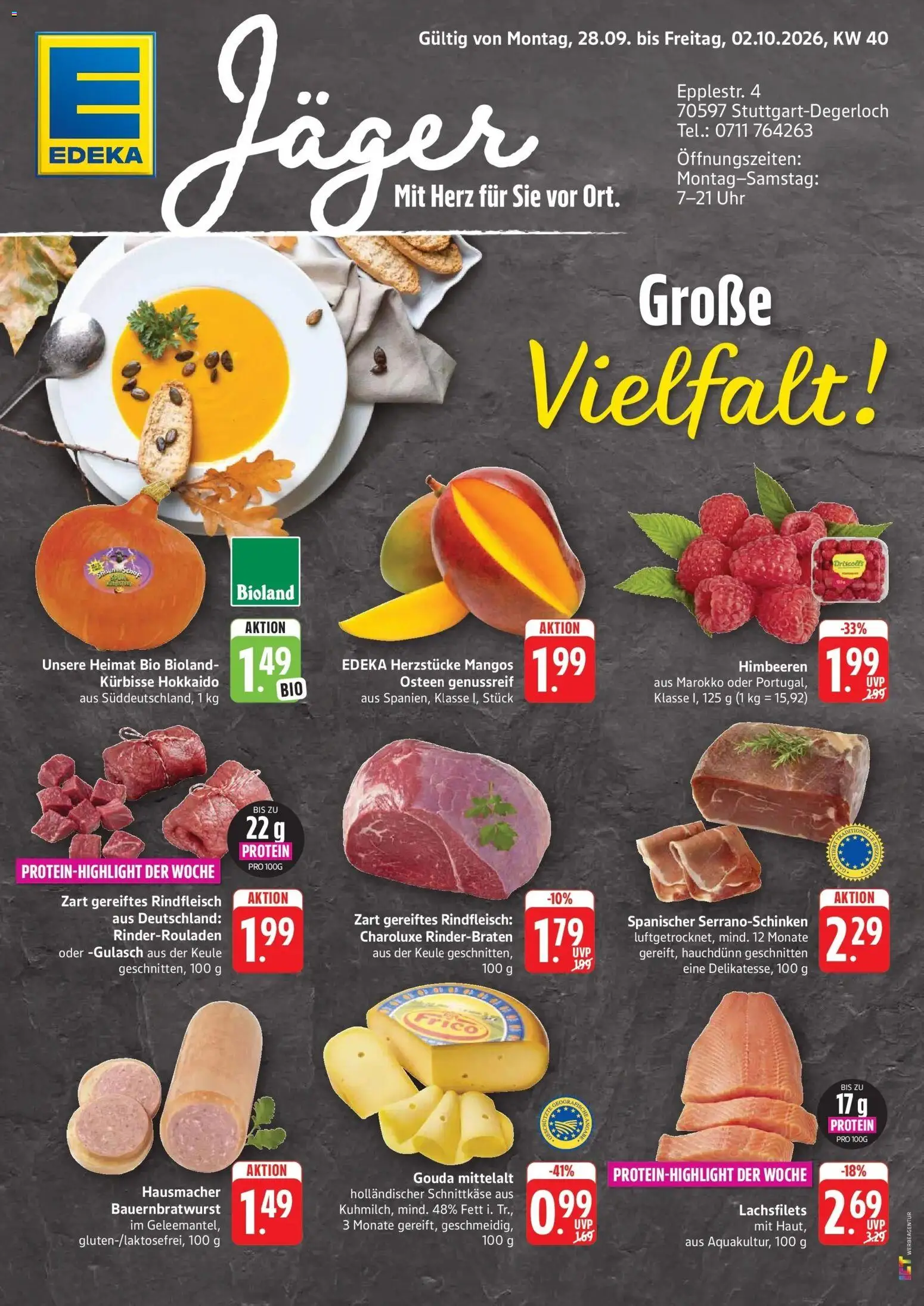 Edeka Prospekt Stuttgart-Degerloch (ab 28.09.2026) » Angebote Online | Seite: 1 | Produkte: Gouda, Gulasch, Rindfleisch, Uhr