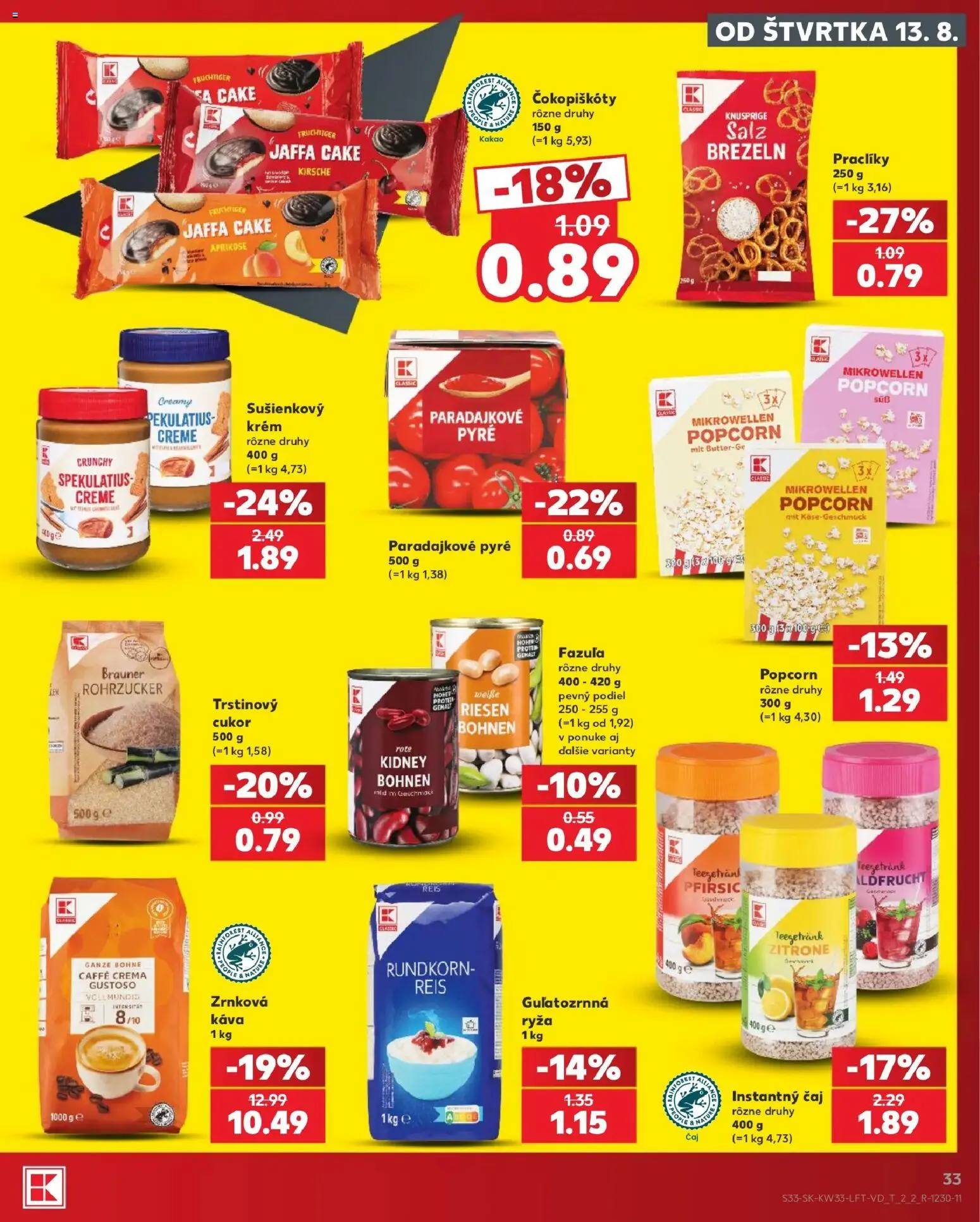 Nové Kaufland akcie – leták je platný od 13.08.2026 | Strana: 33 | Produkty: Ryža, Protein, Fazuľa, Kakao