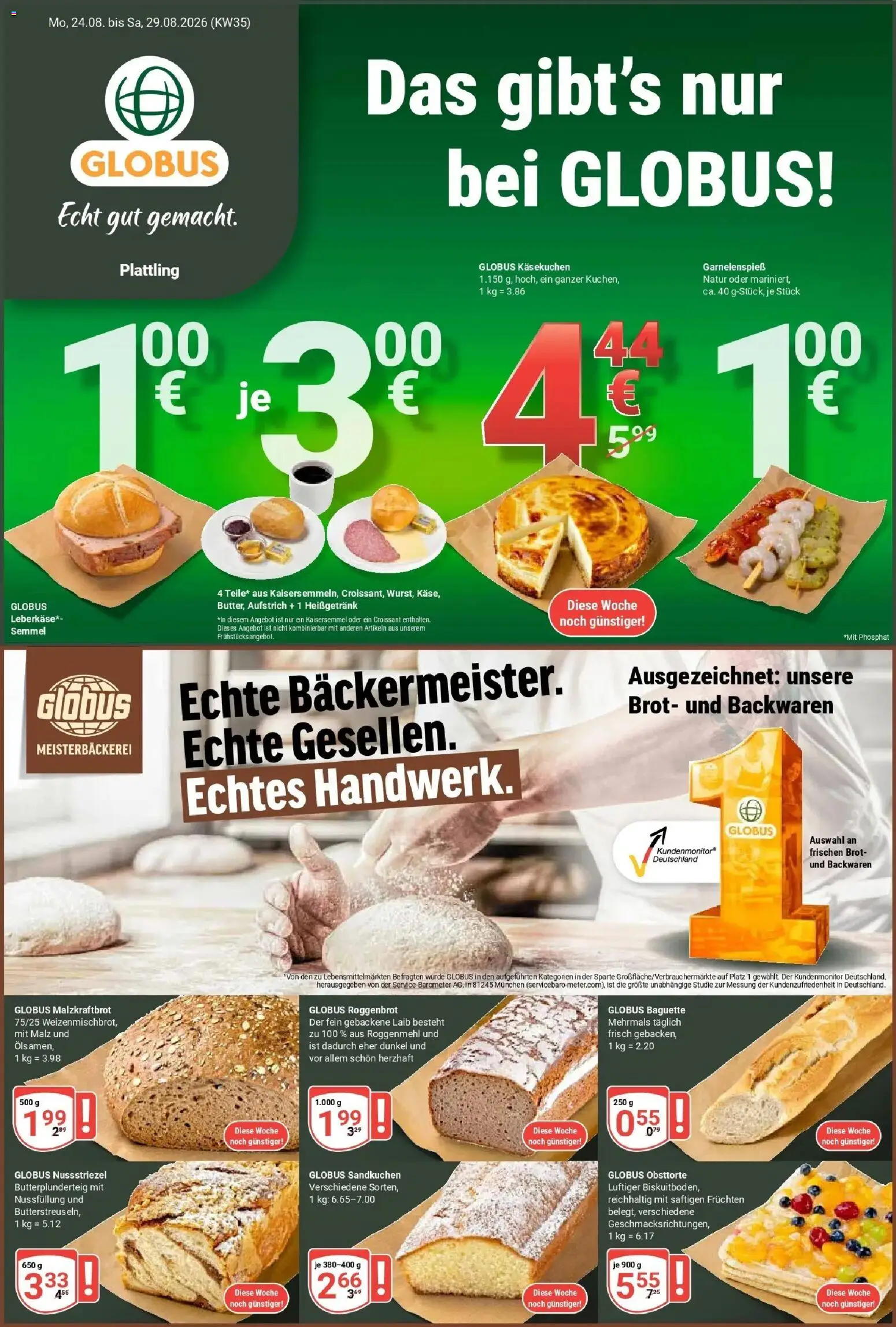 Globus Prospekt Plattling (ab 24.08.2026) » Angebote online | Seite: 1 | Produkte: Baguette, Croissant, Brot, Leberkase