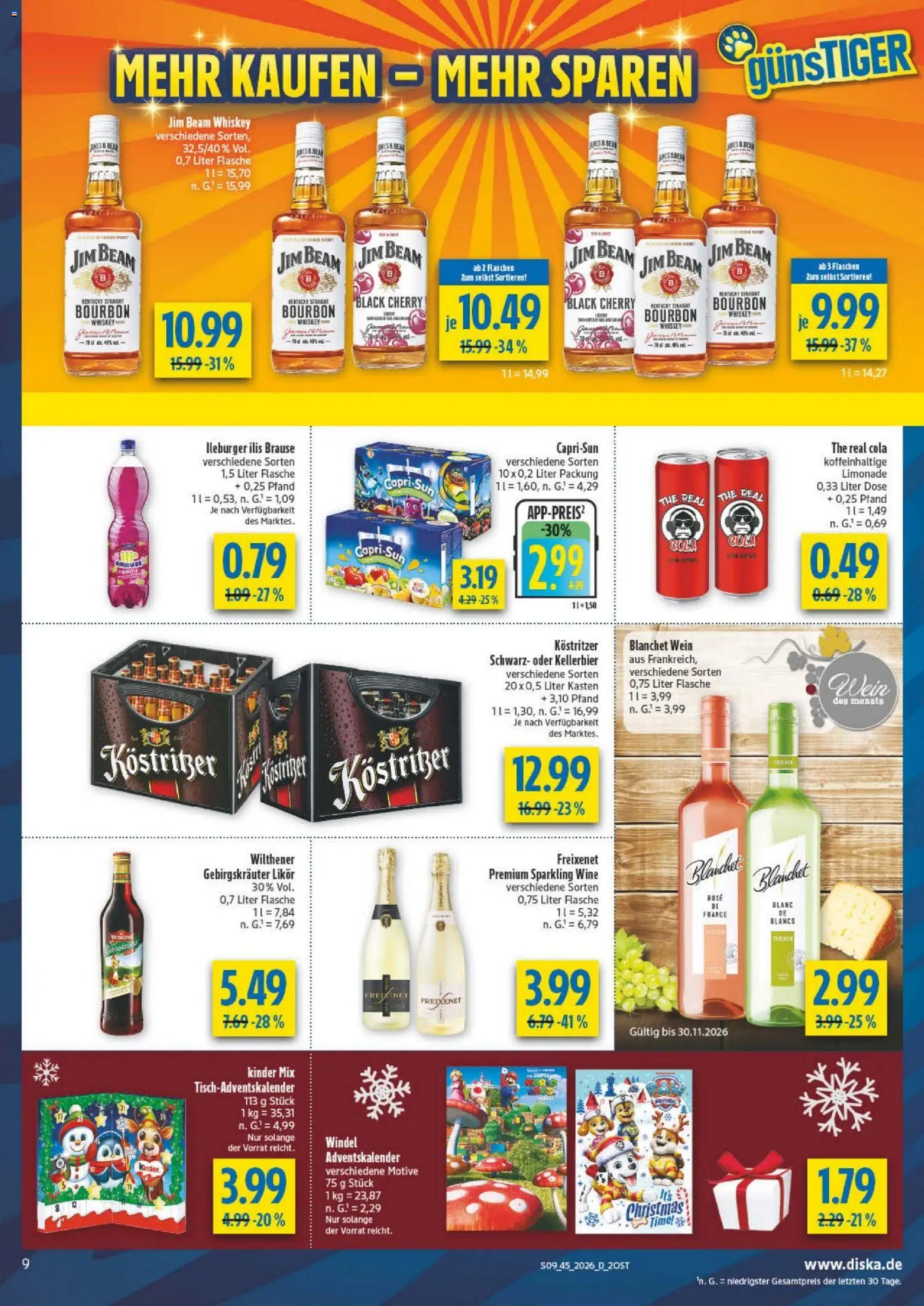 Diska Prospekt – gültig ab 02.11.2026 | Seite: 9 | Produkte: Jim beam, Kostritzer, Likör, Bourbon