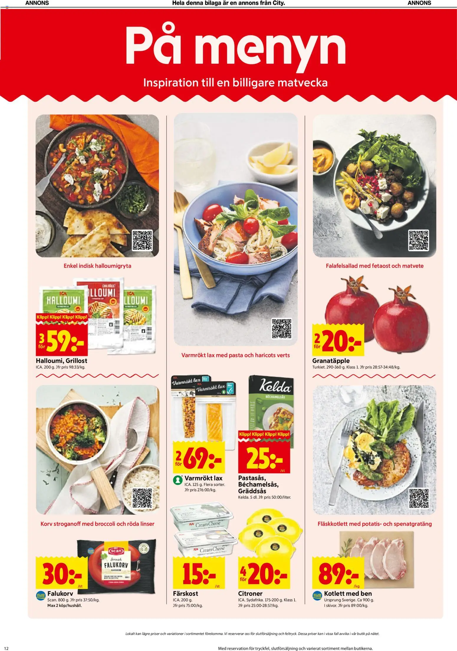 ICA Kvantum reklamblad aktuell från 12/10/2026 | Sida: 12 | Produkter: Fläskkotlett, Grillost, Granatäpple, Pasta