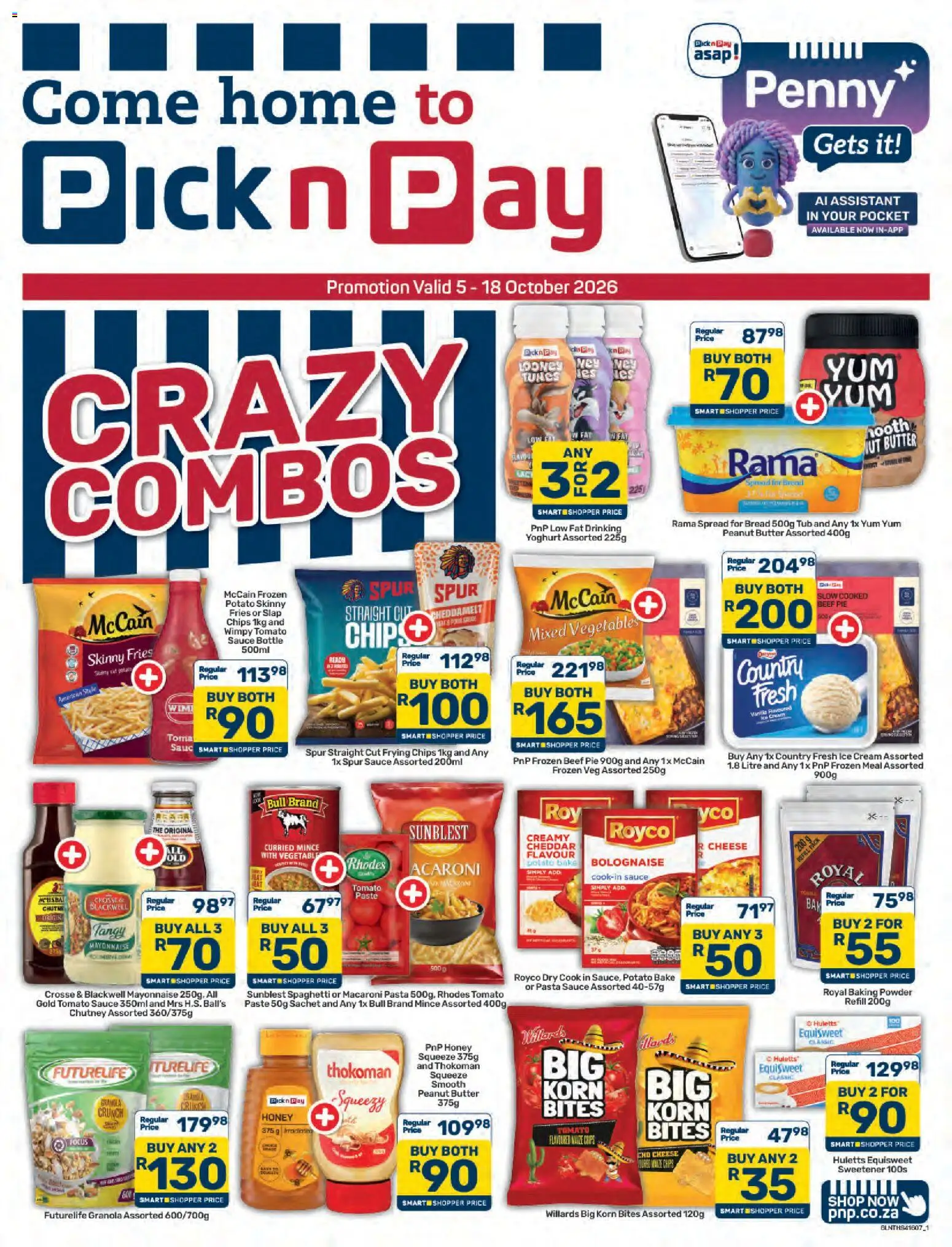 New Pick n Pay catalogue – valid from 05/10/2026 | Page: 1 | Products: Bread, Beef, Tomato sauce, Ice cream
