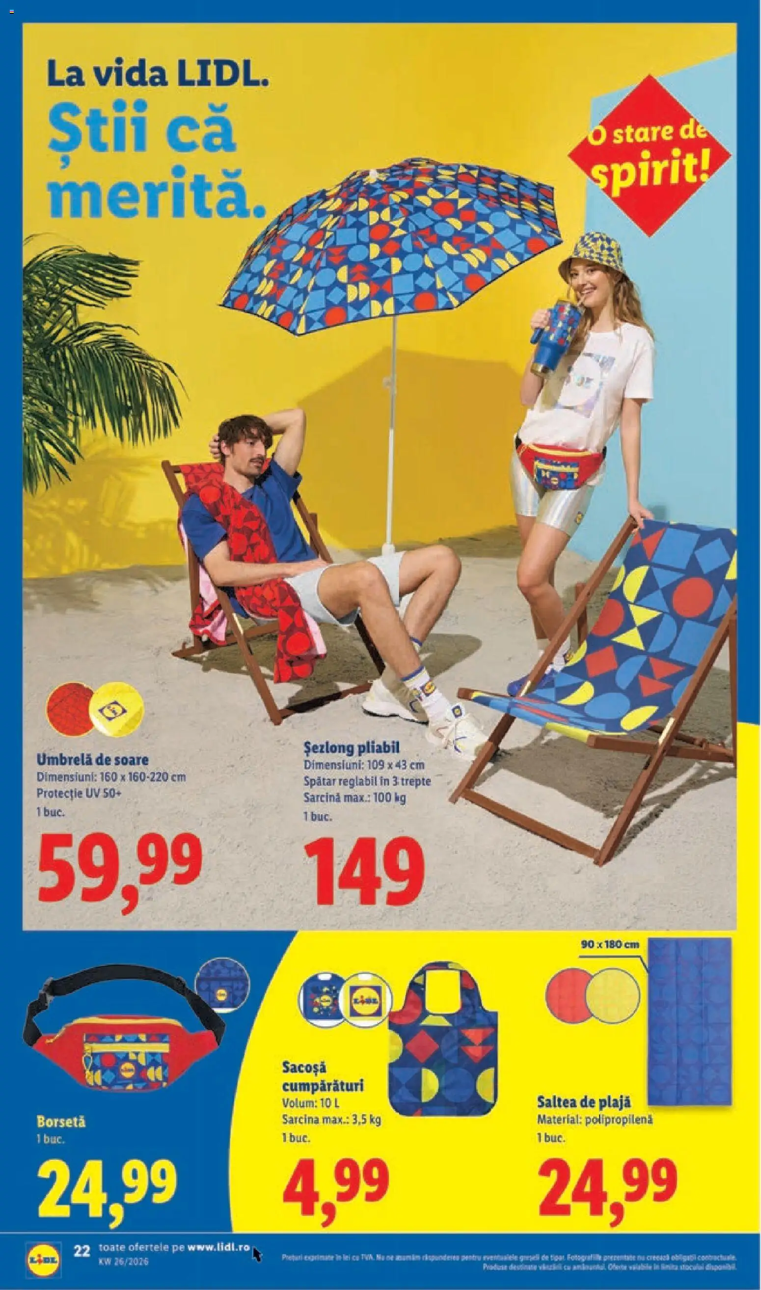 Noul catalog Lidl – valabil de la 22.06.2026 | Pagină: 22 | Produse: Umbrelă, Saltea, Șezlong