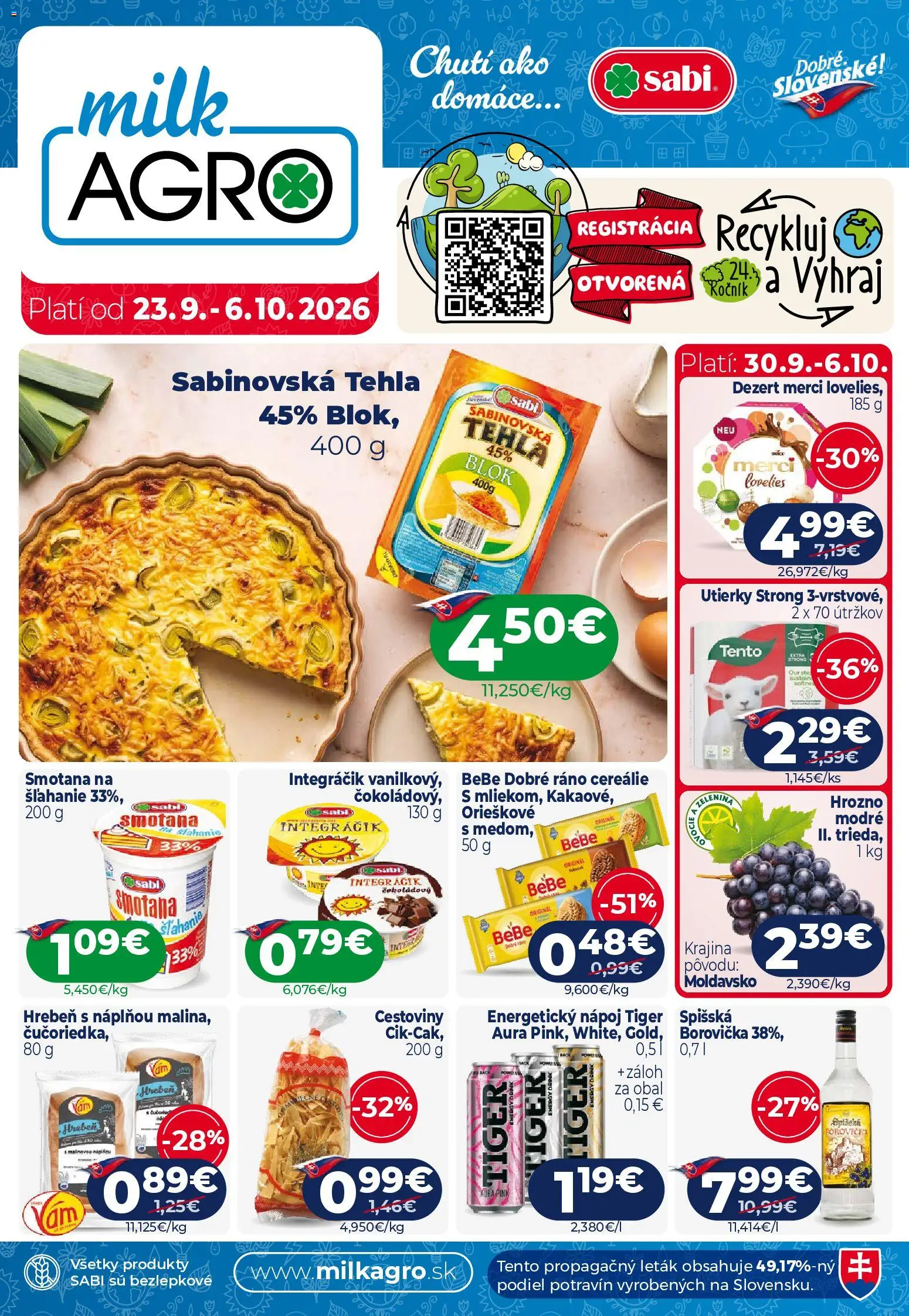 Nové Milk Agro akcie – leták je platný od 23.09.2026 | Strana: 1 | Produkty: Cestoviny, Hrebeň, Zelenina, Hrozno