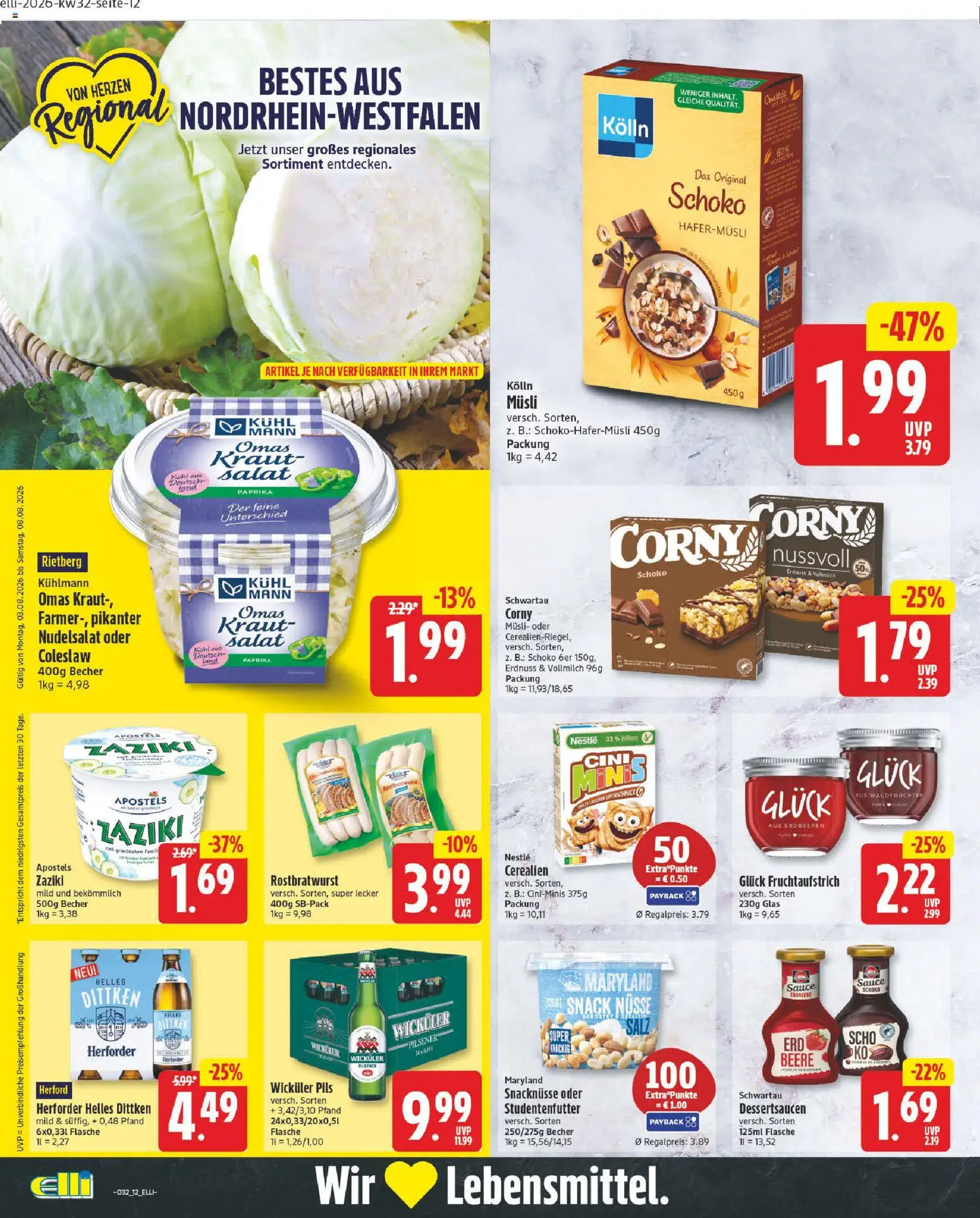 Elli Markt Prospekt Gütersloh – gültig ab 03.08.2026 | Seite: 12 | Produkte: Kolln musli, Pils, Salz, Salat