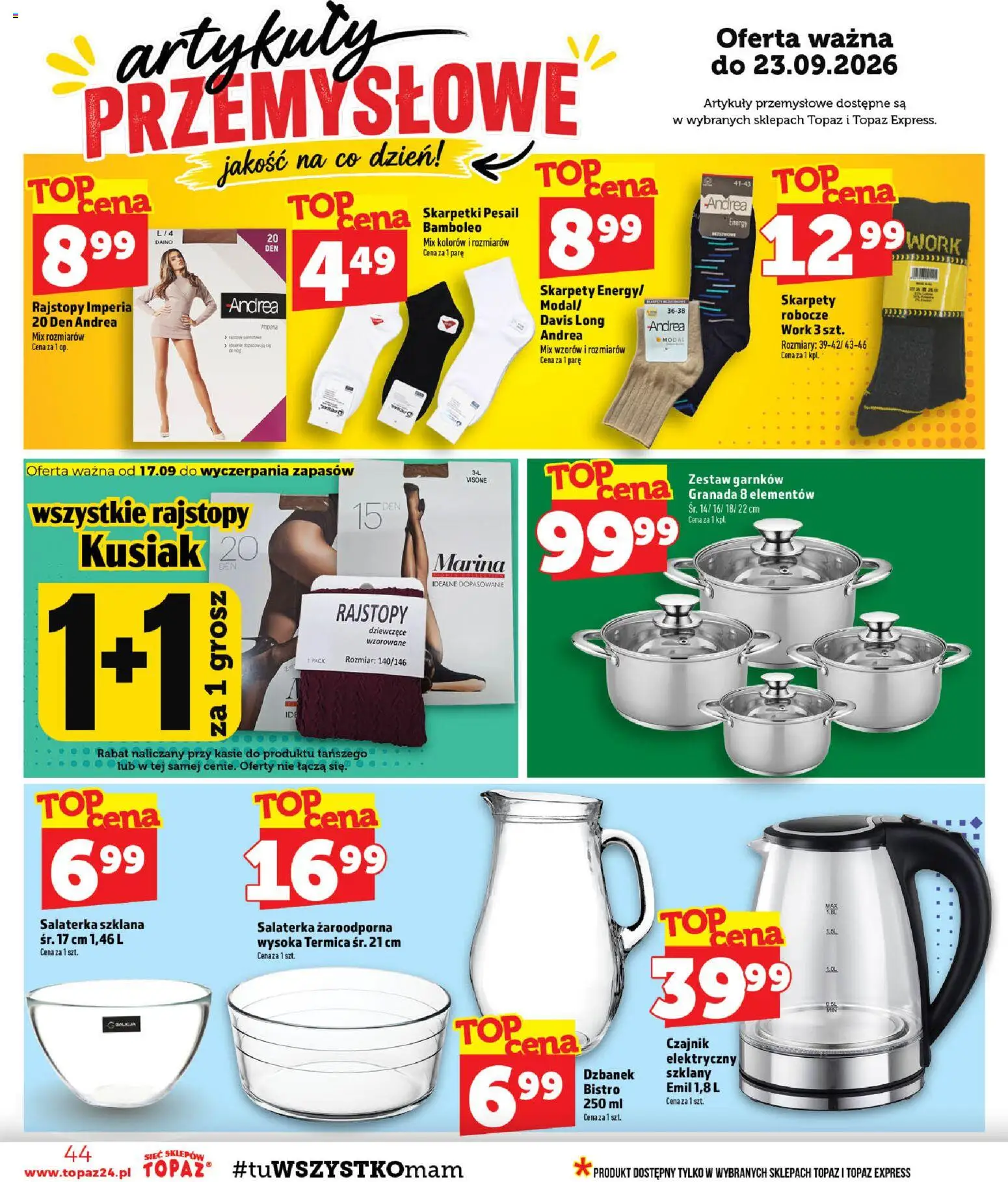 Topaz gazetka - MAZ od 17.09.2026 | Strona: 44 | Produkty: Skarpety, Rajstopy, Czajnik, Artykuły przemysłowe