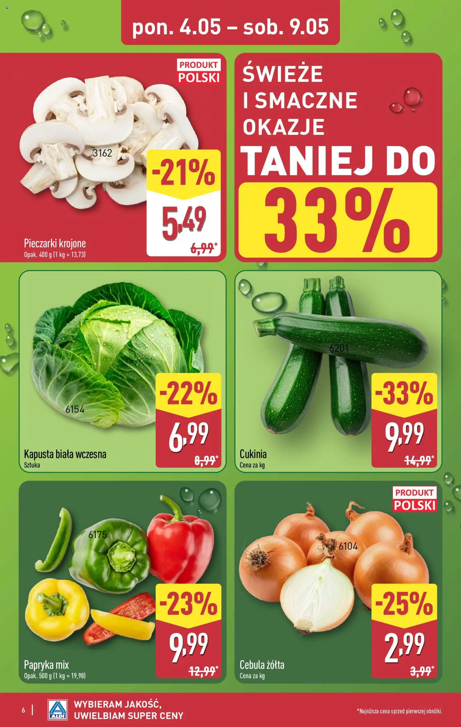 Aldi gazetka od 04.05.2026 | Strona: 6 | Produkty: Pieczarki, Papryka, Cukinia, Kapusta biała