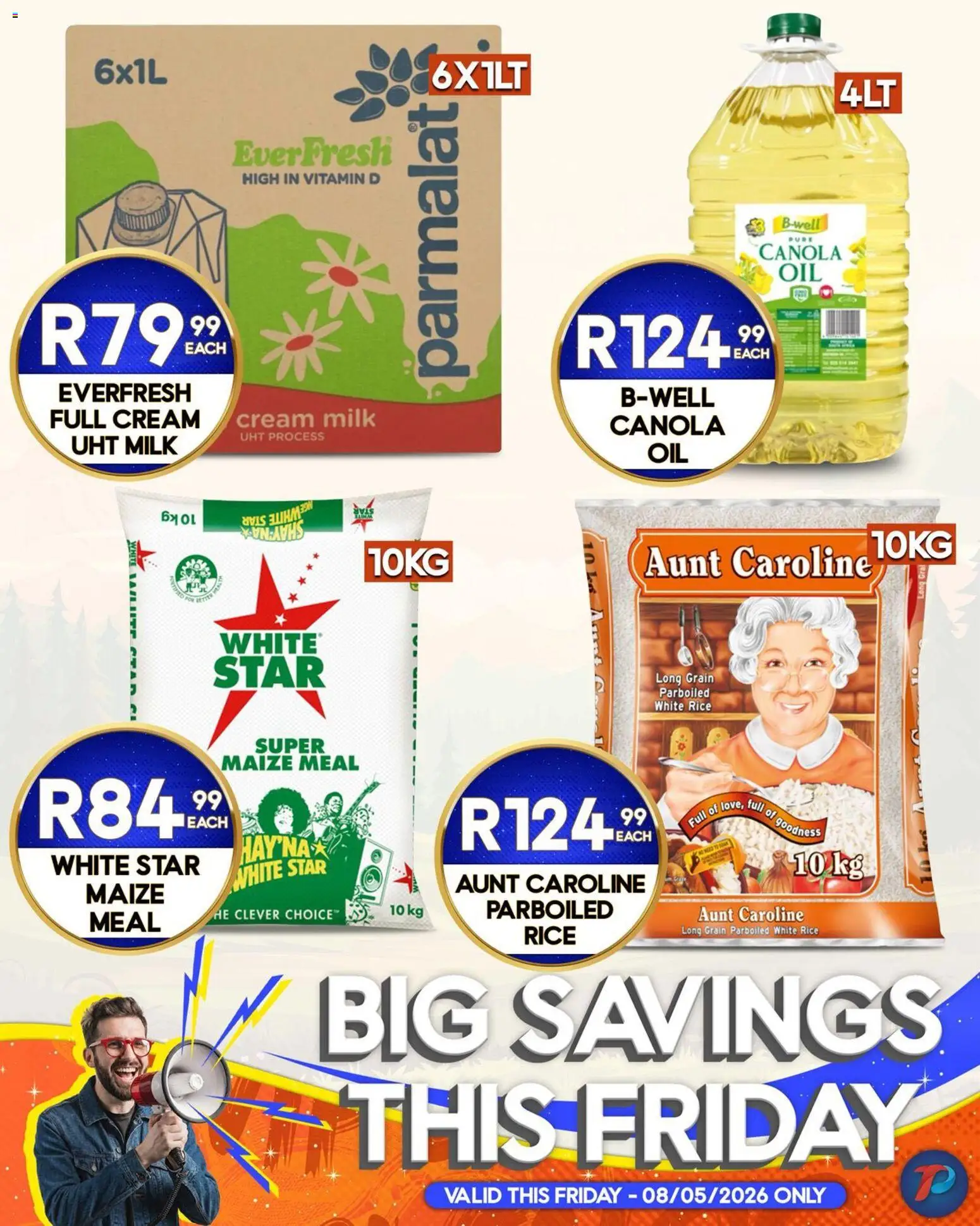 New Take n Pay catalogue – valid from 08.05.2026 | Page: 5 | Products: Maize meal, Milk, Rice, Cream
